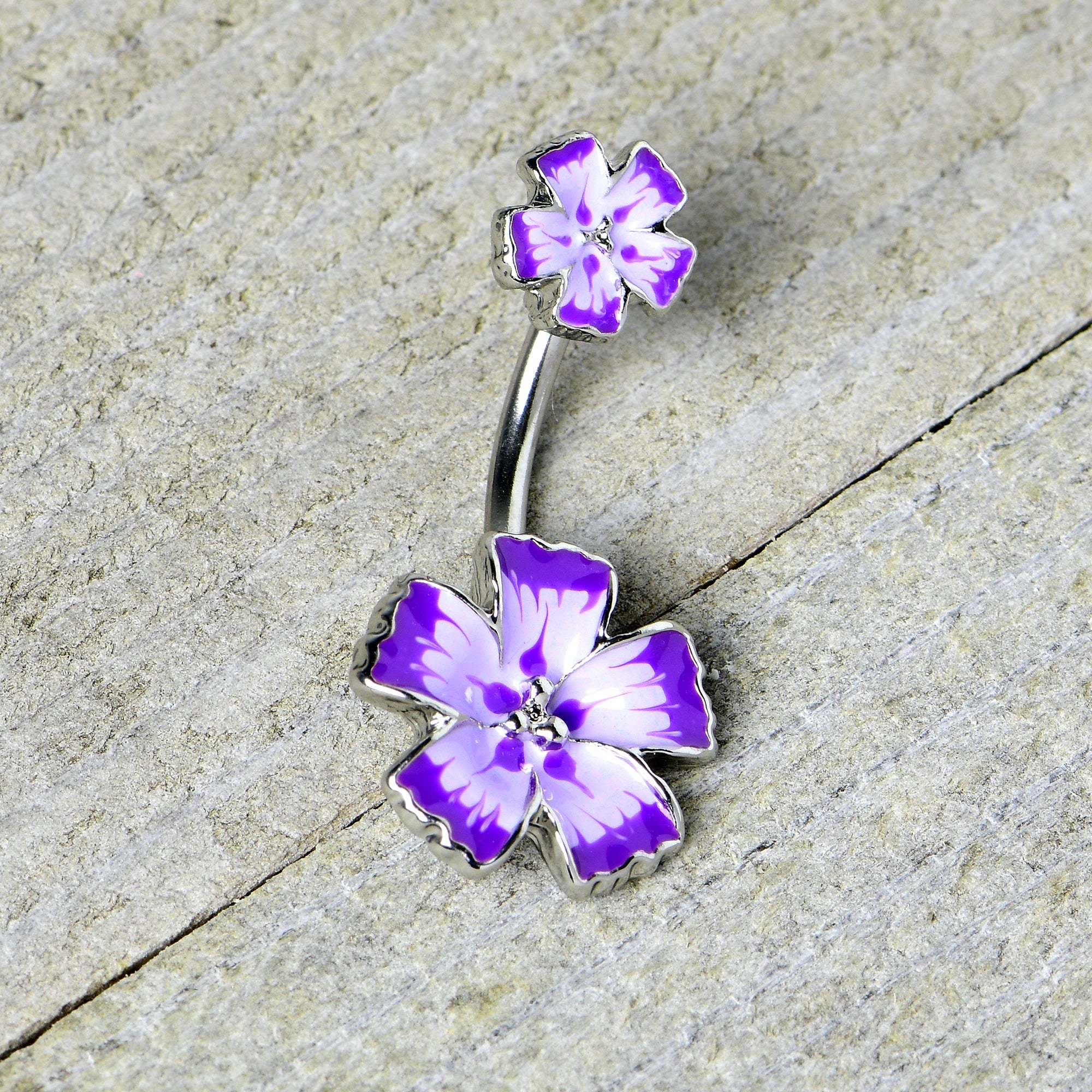 BodyCandy Purple Flower Textured Center Double Mount Belly Ring — in-use photo