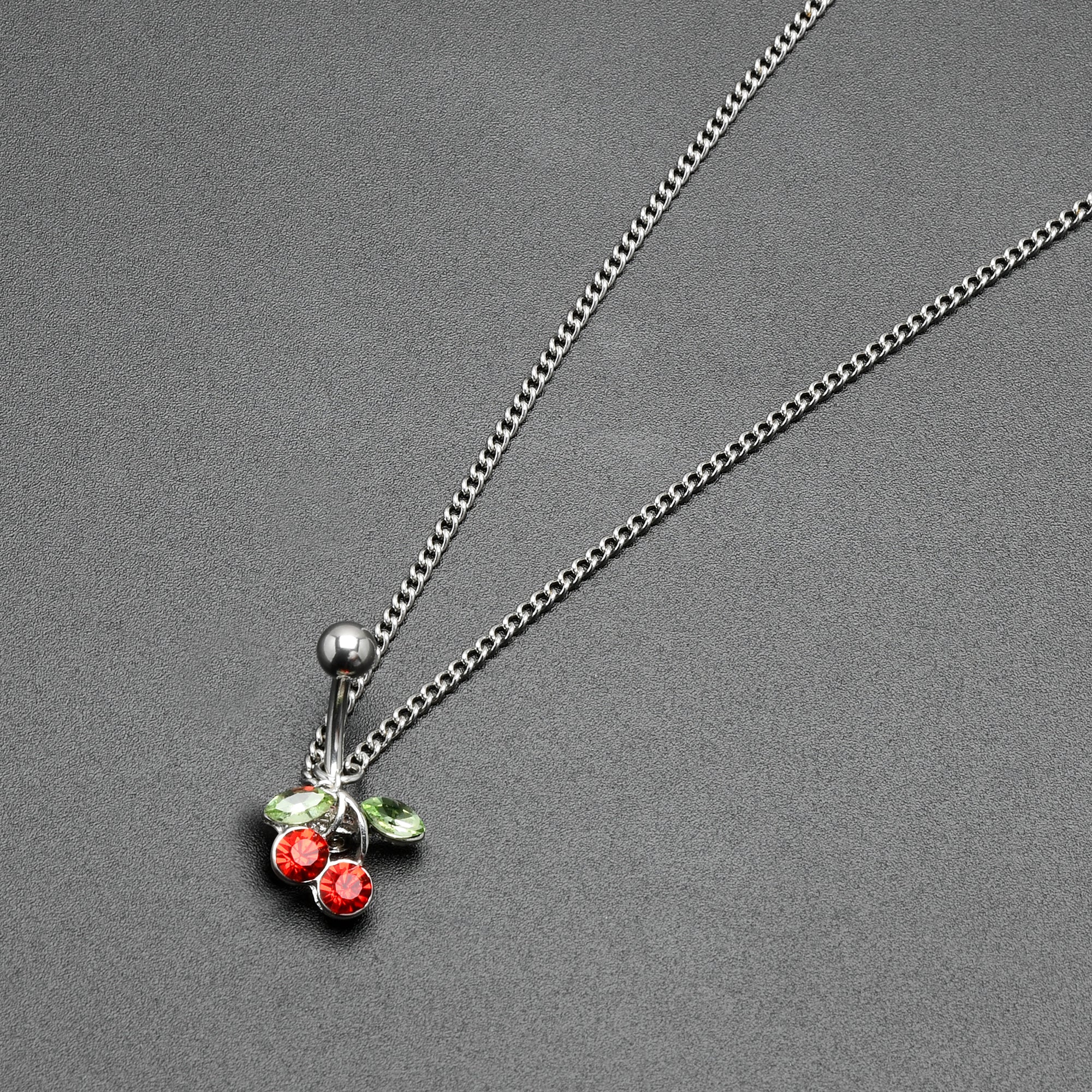 BodyCandy Red Green Gem Cheery Cherries Fruit Belly Ring Belly Chain — back view