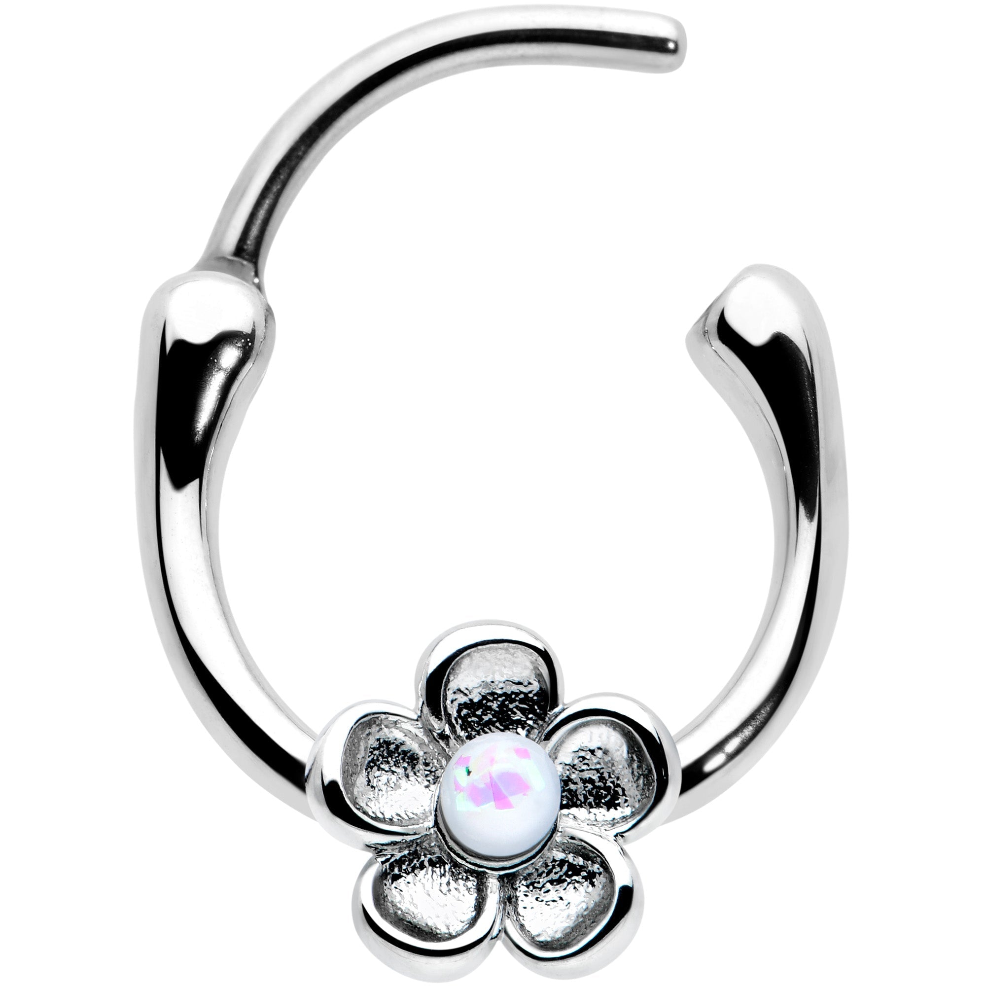 BodyCandy 16G 5/16 White Faux Opal Sweetheart Flower Cartilage Clicker — detail close-up