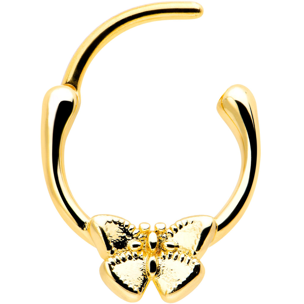 BodyCandy 16G 5/16 Gold Tone Simple Textured Butterfly Cartilage Clicker — detail close-up