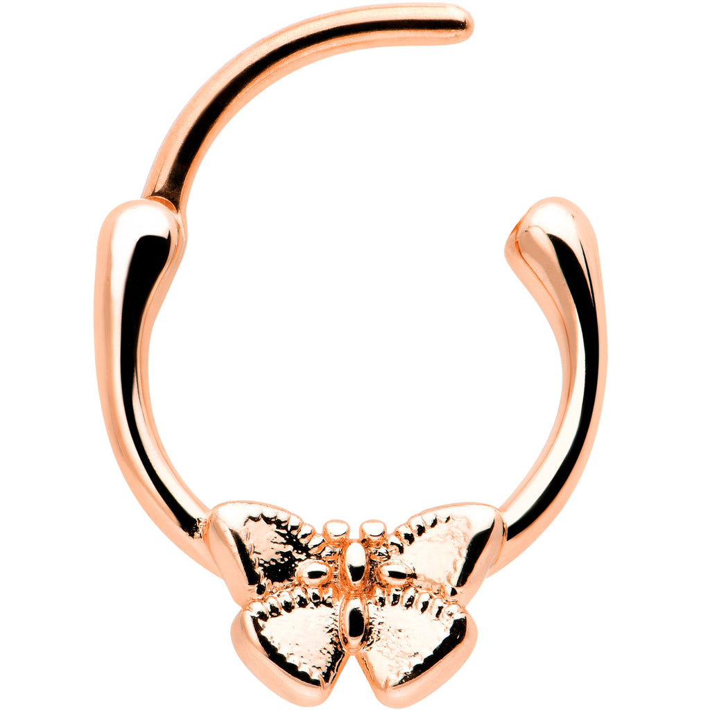 BodyCandy 16G 5/16 Rose Gold Tone Simple Textured Butterfly Cartilage Clicker — detail close-up