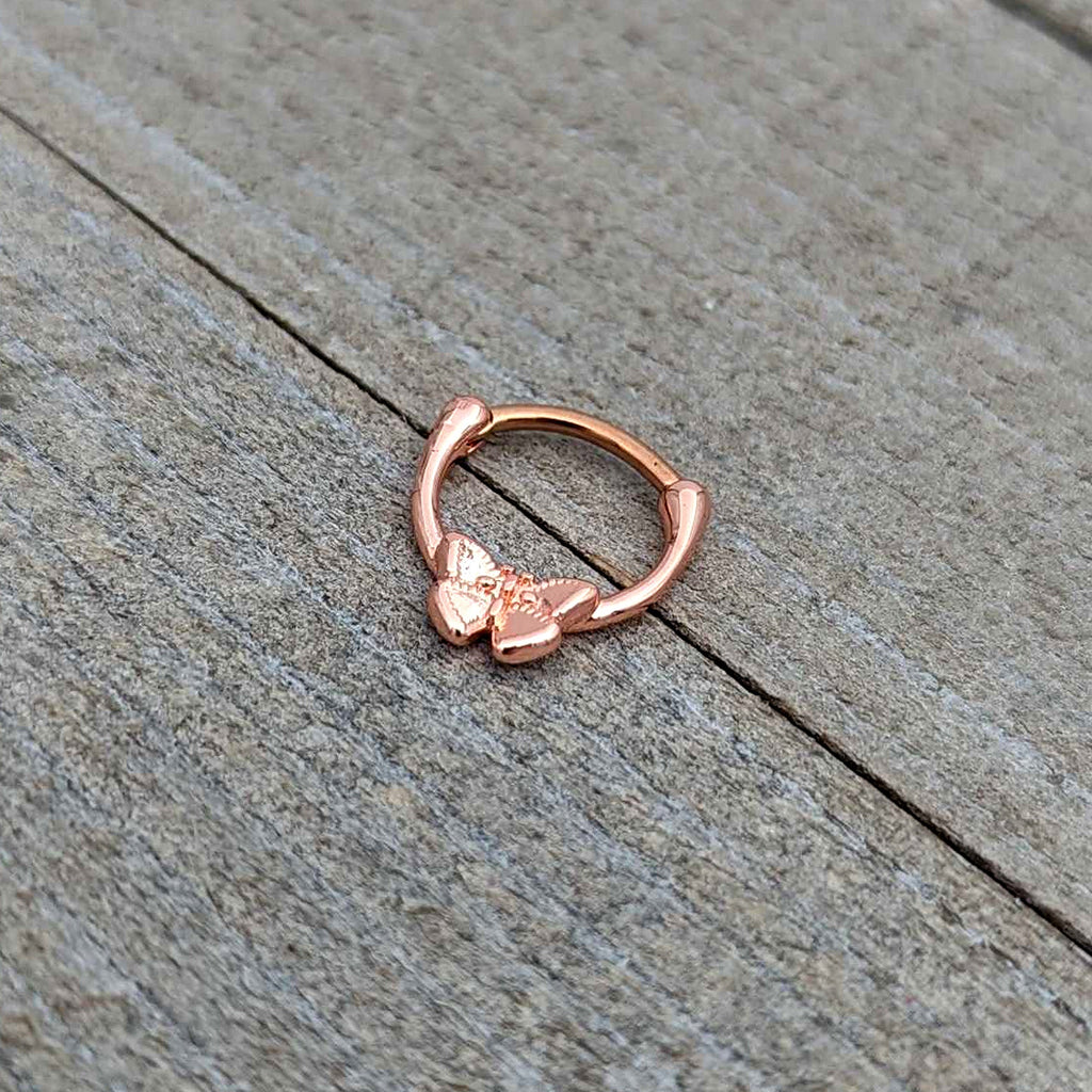 BodyCandy 16G 5/16 Rose Gold Tone Simple Textured Butterfly Cartilage Clicker — alternative angle