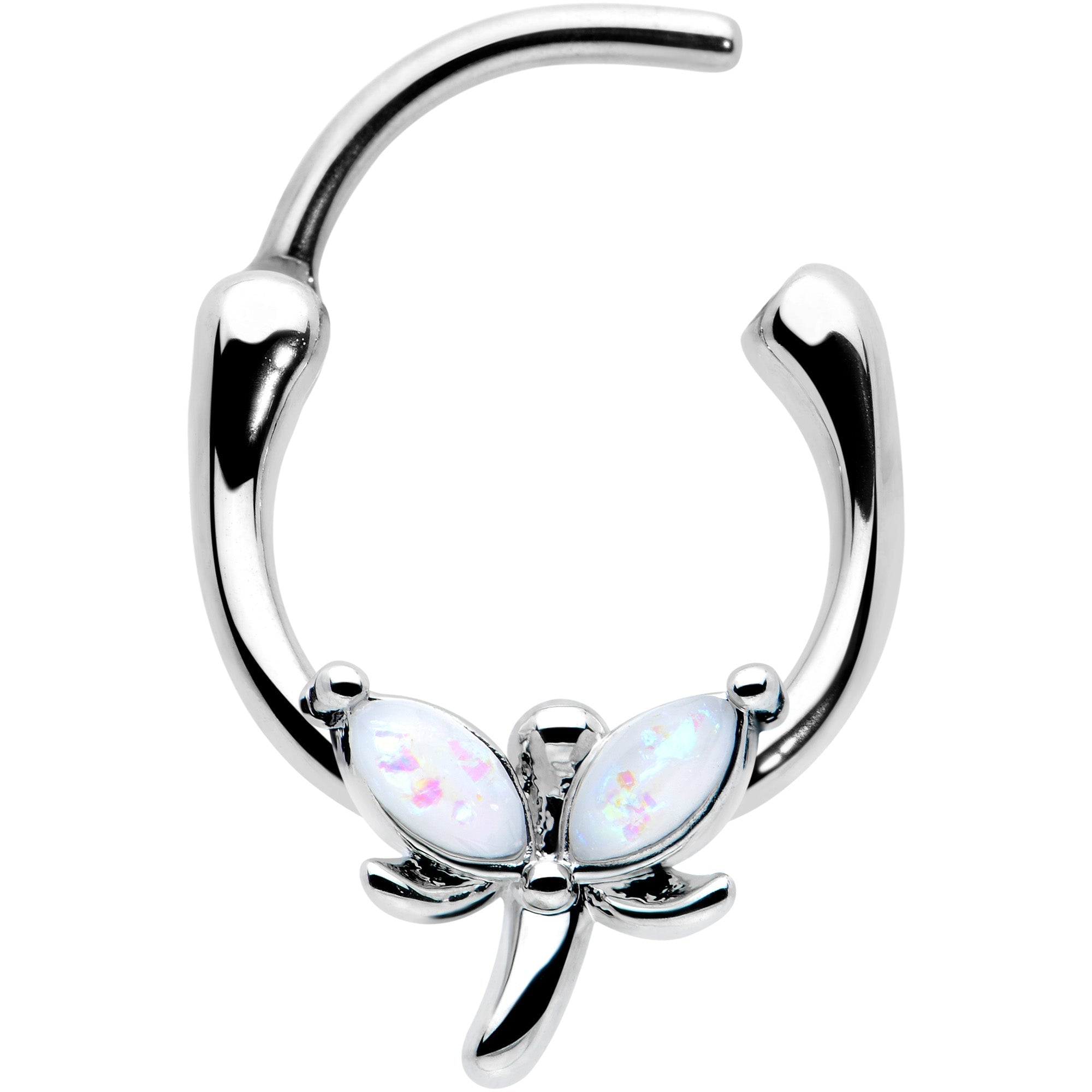 BodyCandy 16G 5/16 White Faux Opal Simple Style Dragonfly Cartilage Clicker — detail close-up