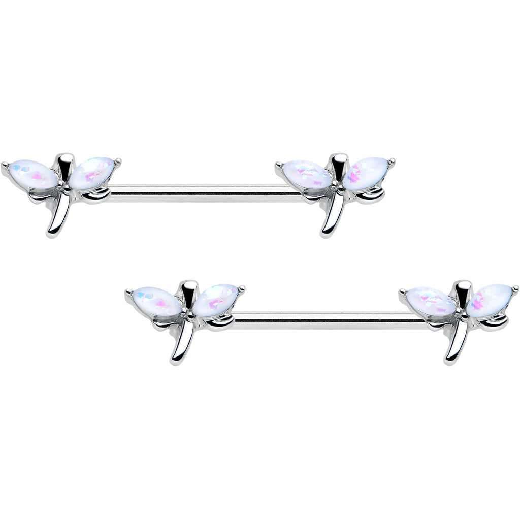 BodyCandy 14G 5/8 White Faux Opal Styled Dragonfly Barbell Nipple Ring Set — main product shot