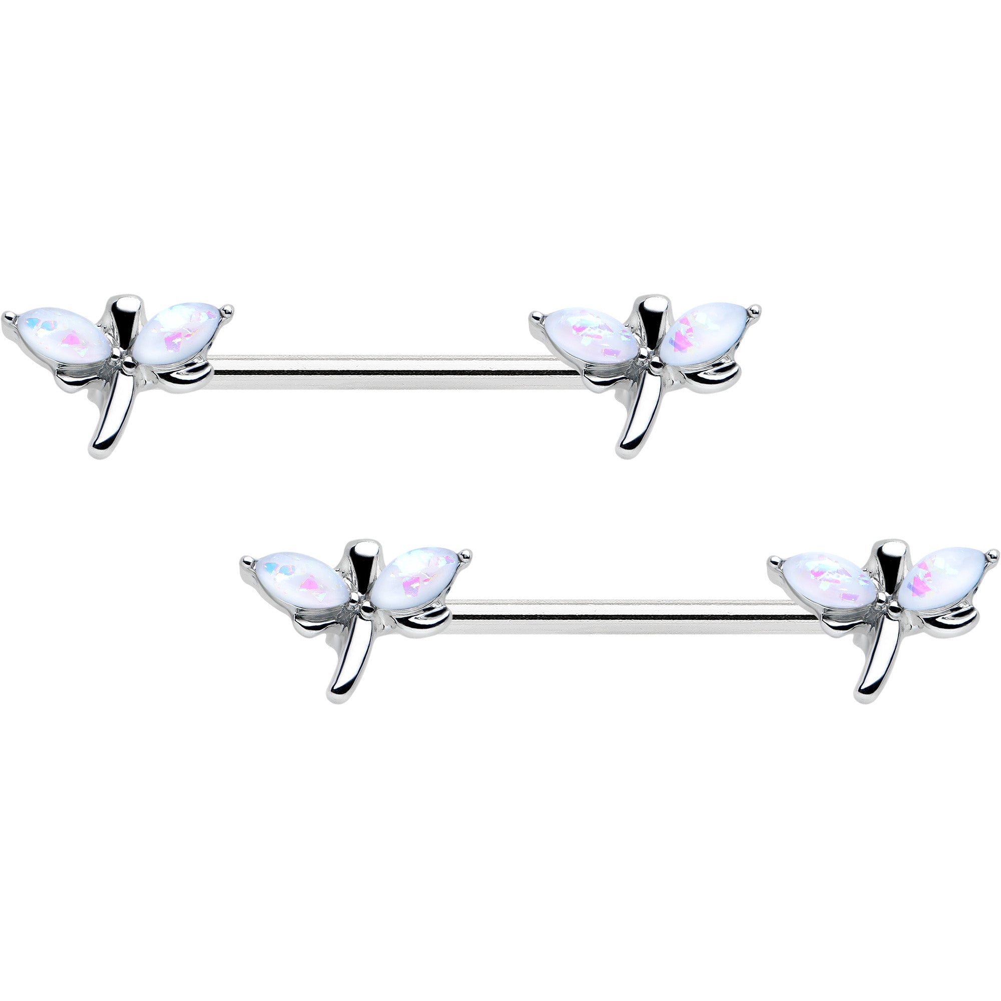 BodyCandy 14G 5/8 White Faux Opal Styled Dragonfly Barbell Nipple Ring Set — main product shot