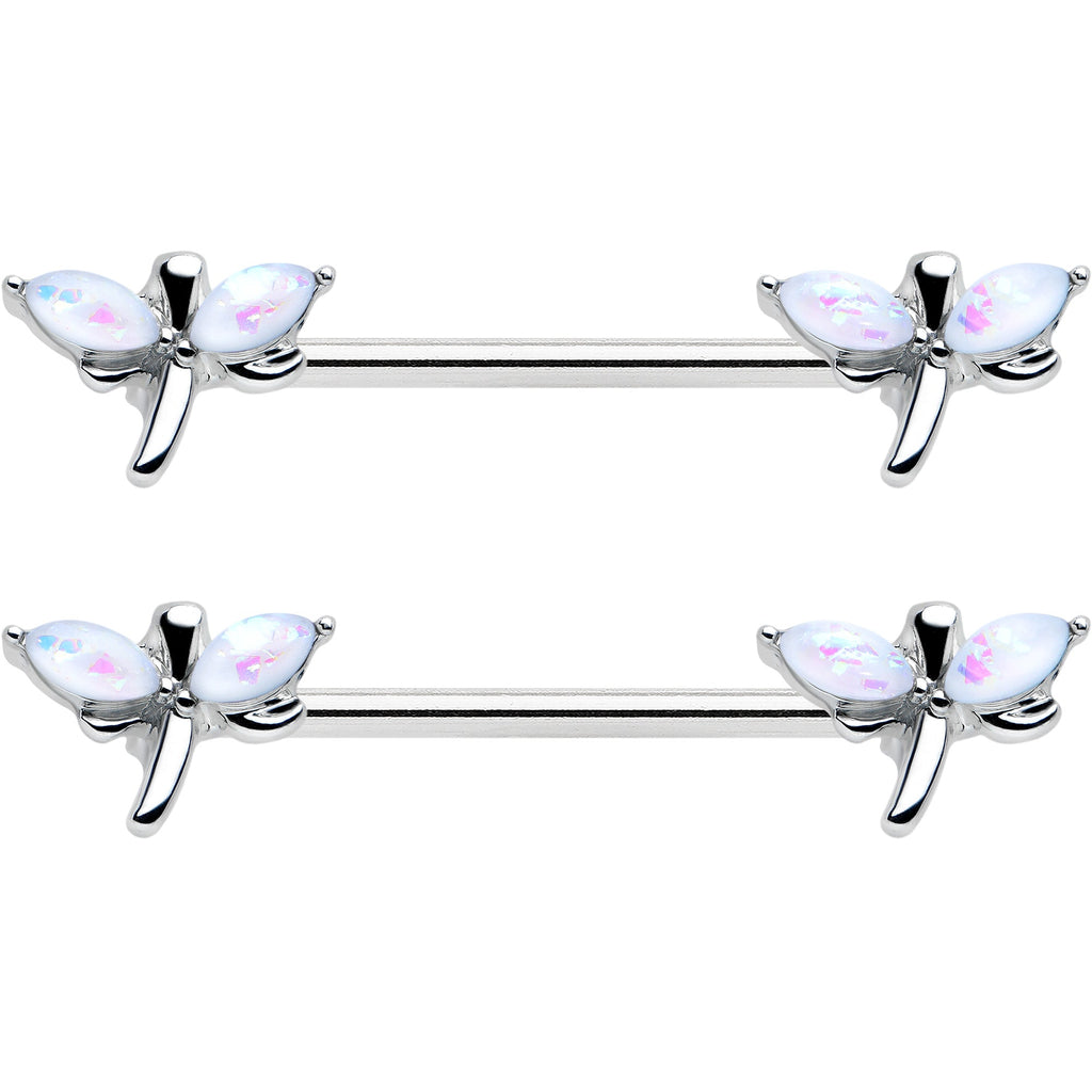 BodyCandy 14G 5/8 White Faux Opal Styled Dragonfly Barbell Nipple Ring Set — detail close-up