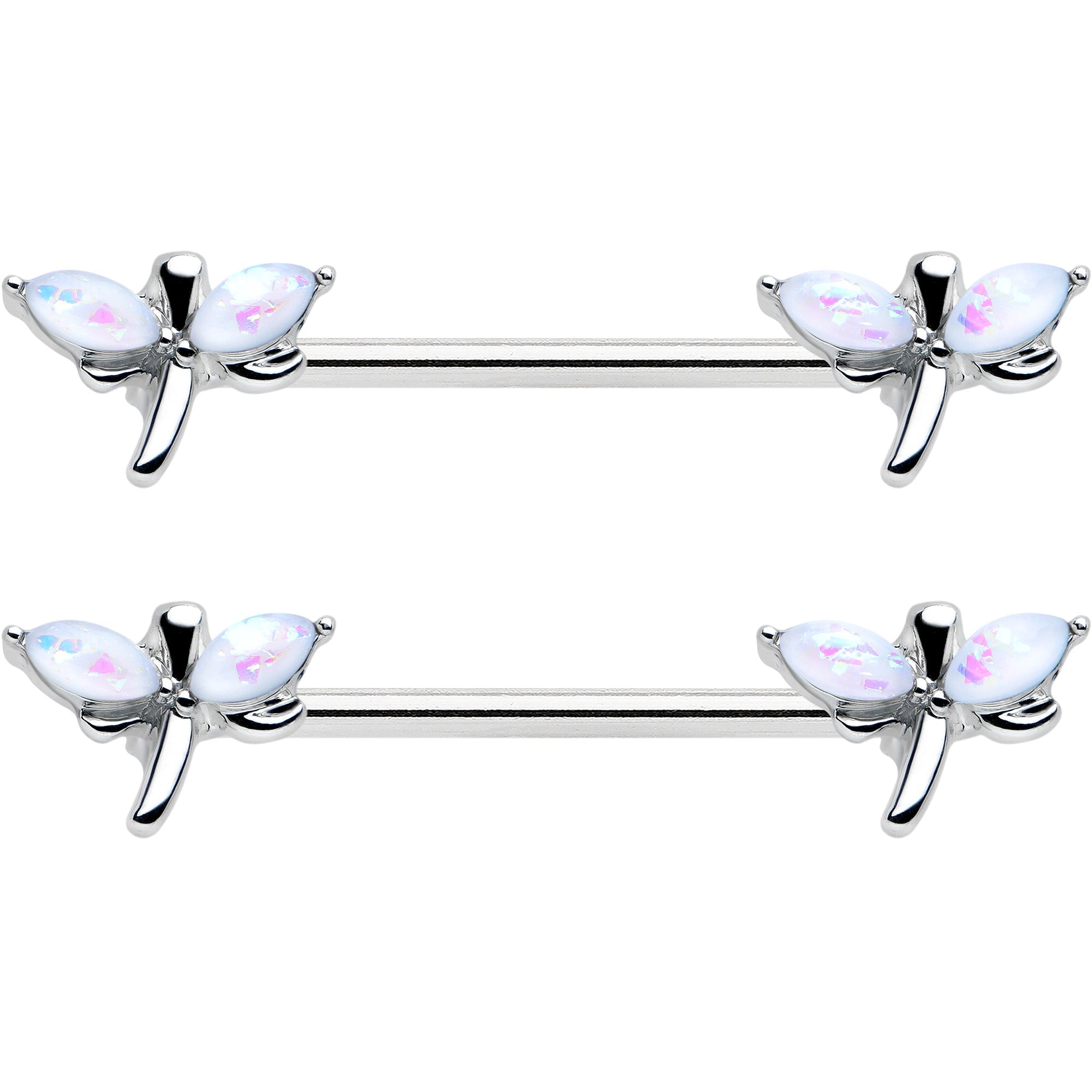 BodyCandy 14G 5/8 White Faux Opal Styled Dragonfly Barbell Nipple Ring Set — detail close-up