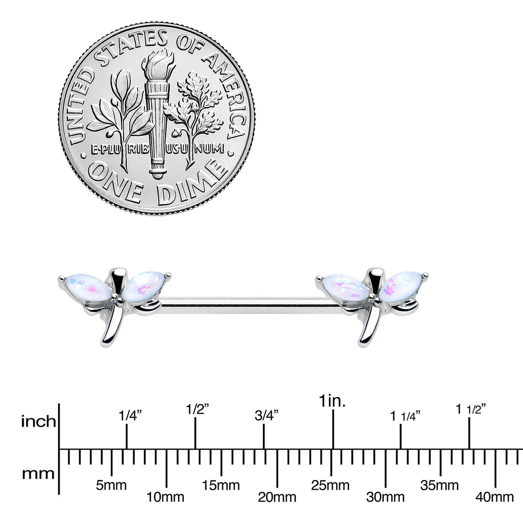 BodyCandy 14G 5/8 White Faux Opal Styled Dragonfly Barbell Nipple Ring Set — lifestyle context