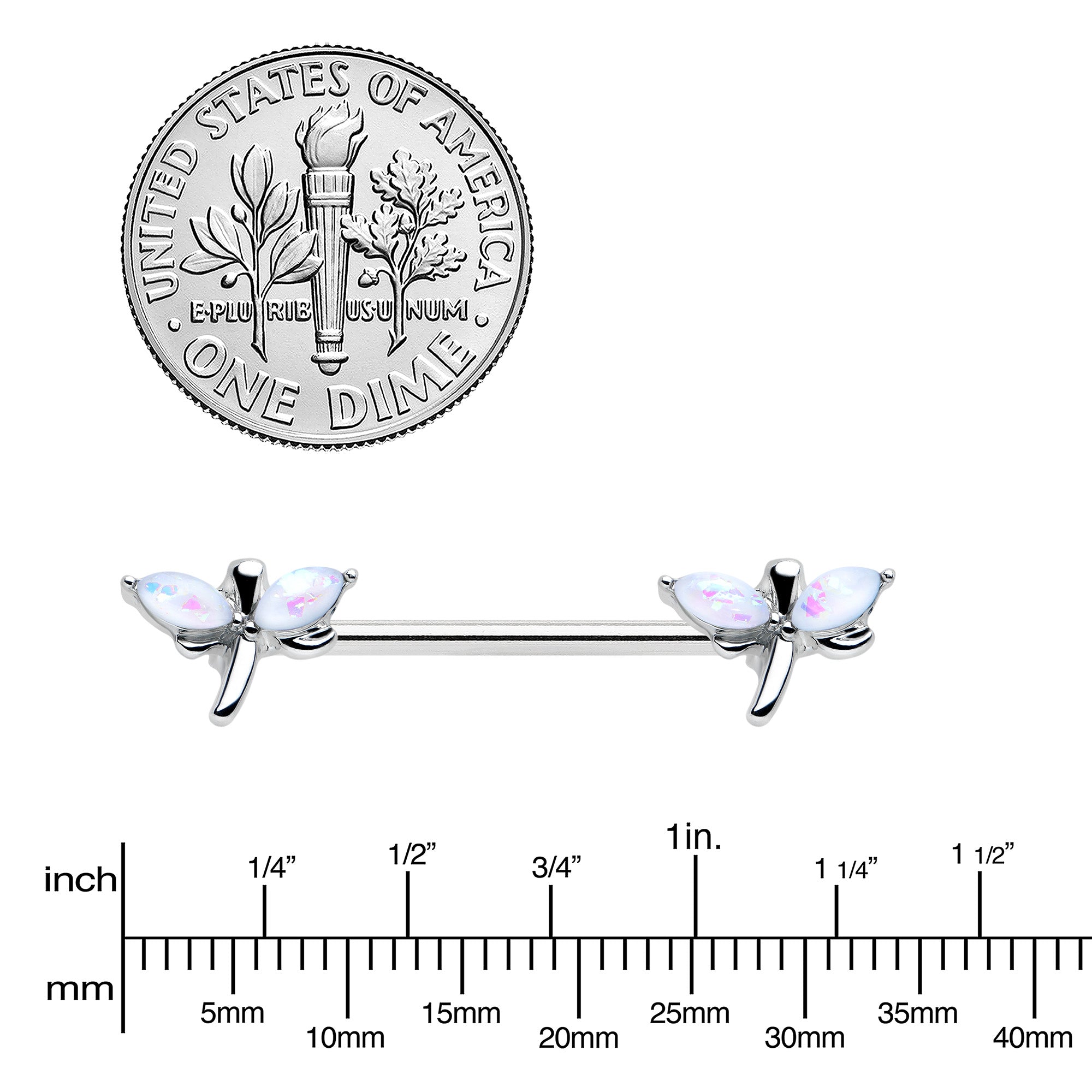 BodyCandy 14G 5/8 White Faux Opal Styled Dragonfly Barbell Nipple Ring Set — lifestyle context