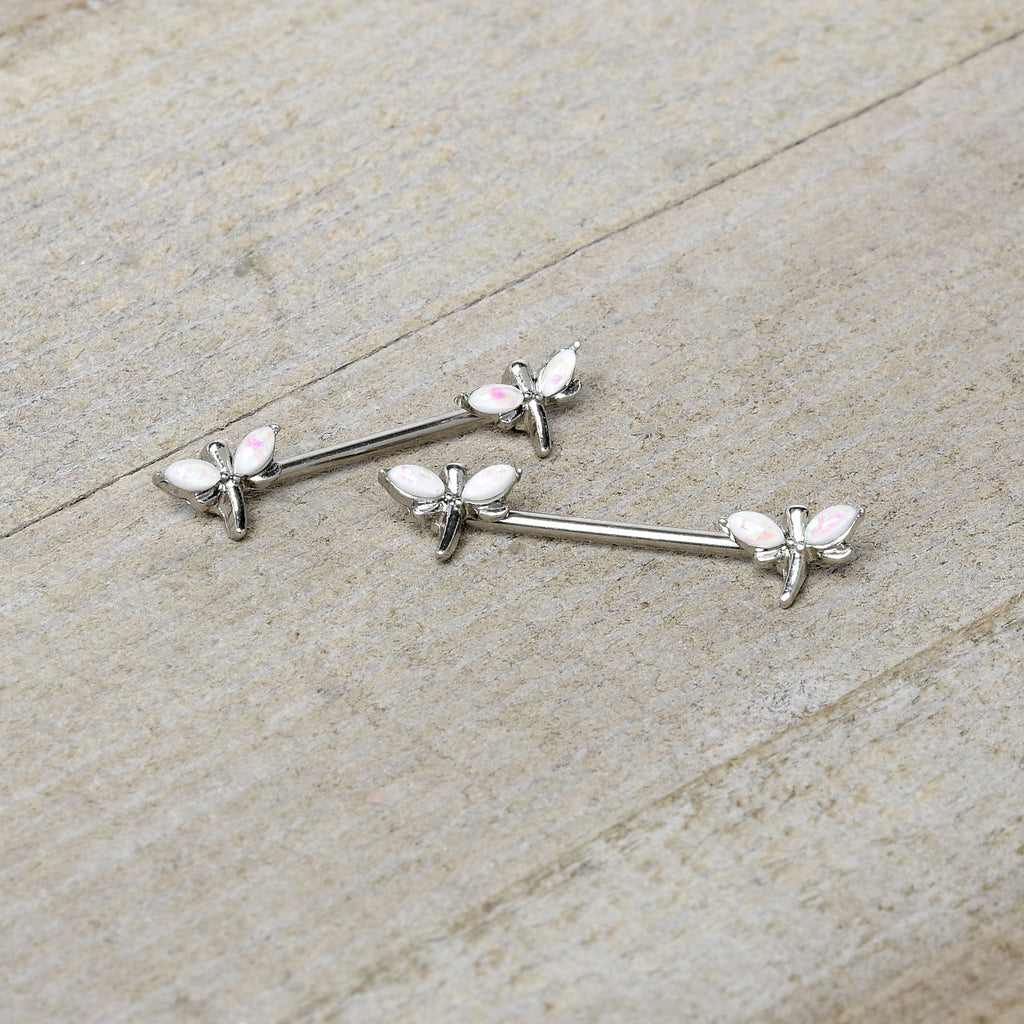 BodyCandy 14G 5/8 White Faux Opal Styled Dragonfly Barbell Nipple Ring Set — side view