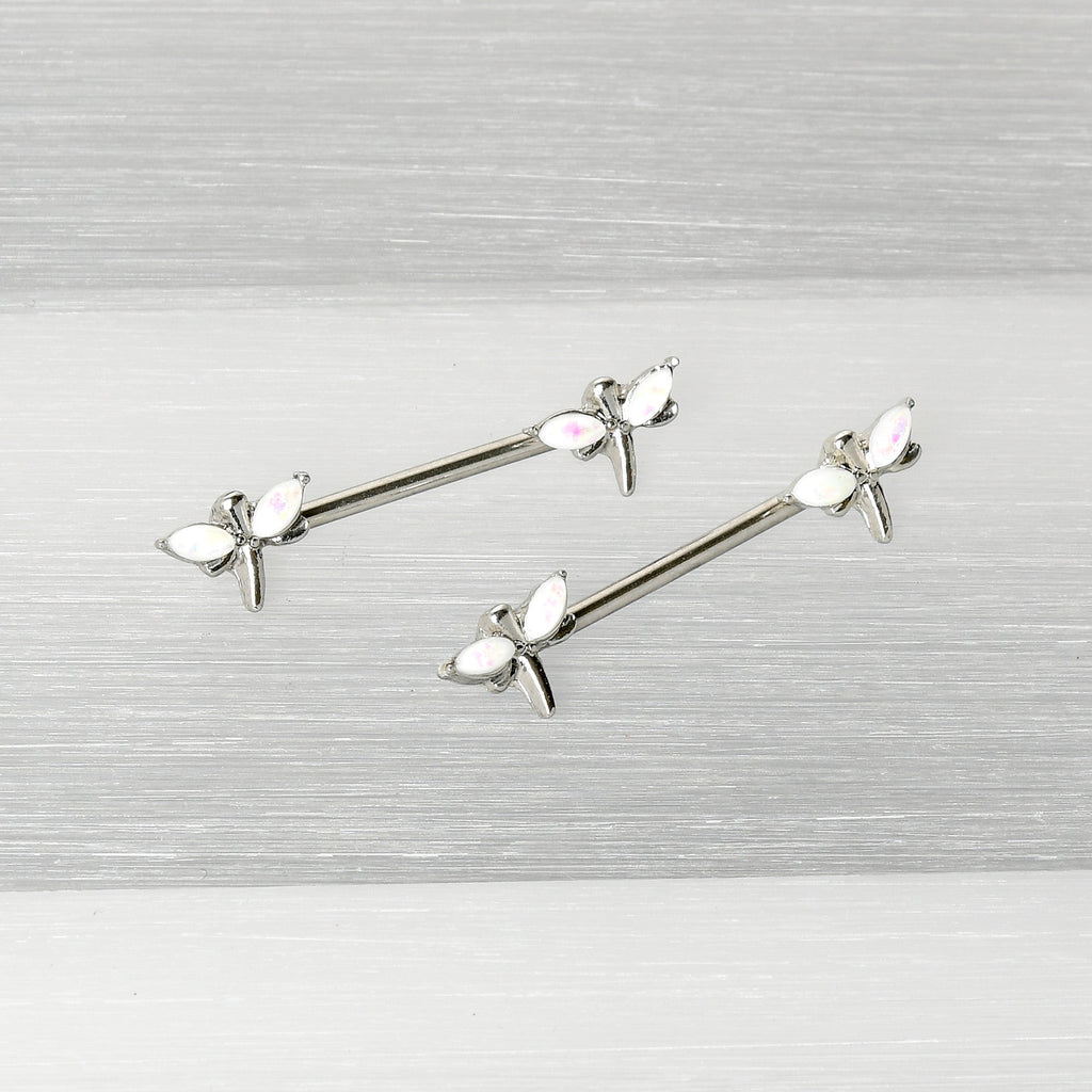BodyCandy 14G 5/8 White Faux Opal Styled Dragonfly Barbell Nipple Ring Set — back view