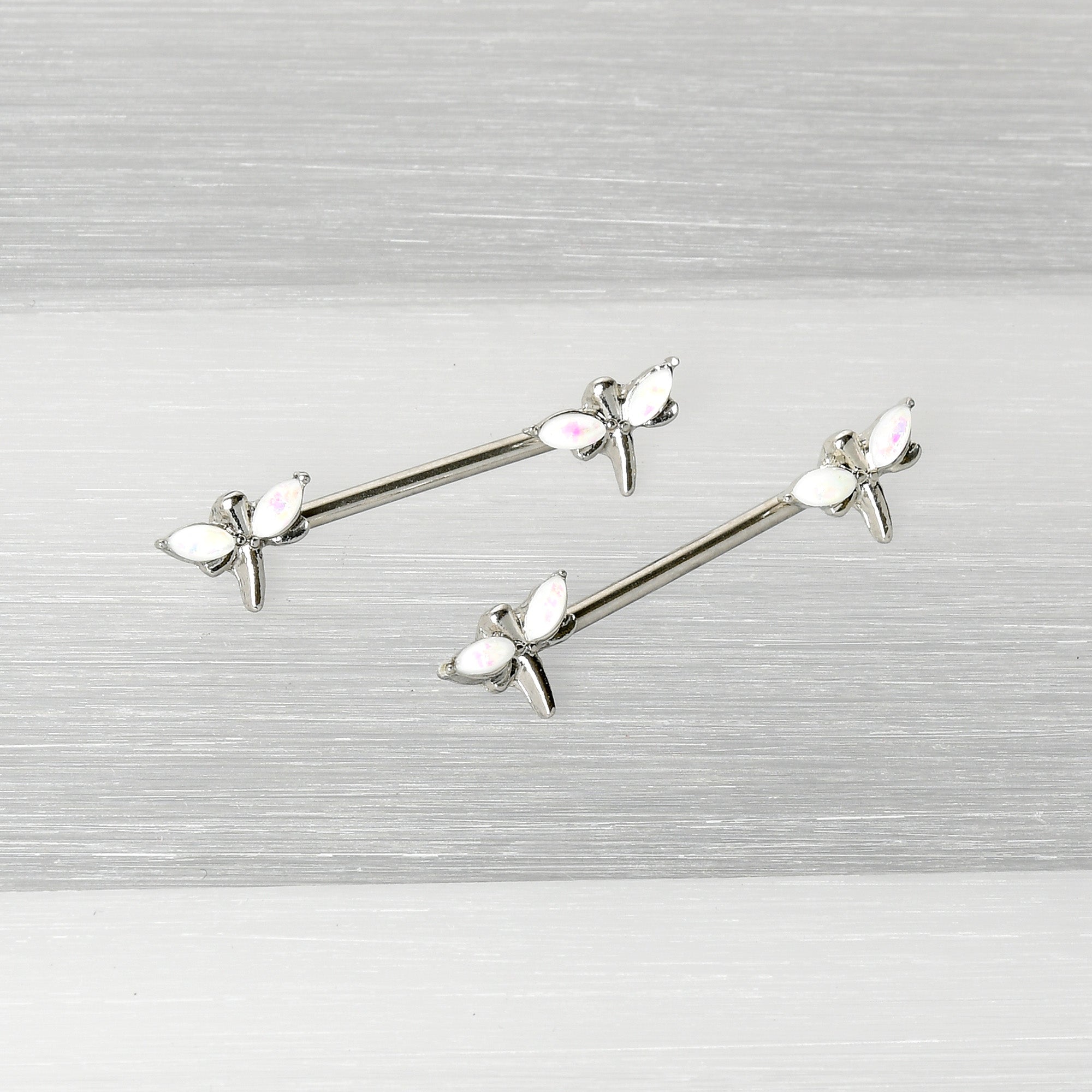 BodyCandy 14G 5/8 White Faux Opal Styled Dragonfly Barbell Nipple Ring Set — back view