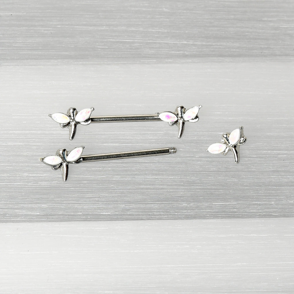 BodyCandy 14G 5/8 White Faux Opal Styled Dragonfly Barbell Nipple Ring Set — alternative angle