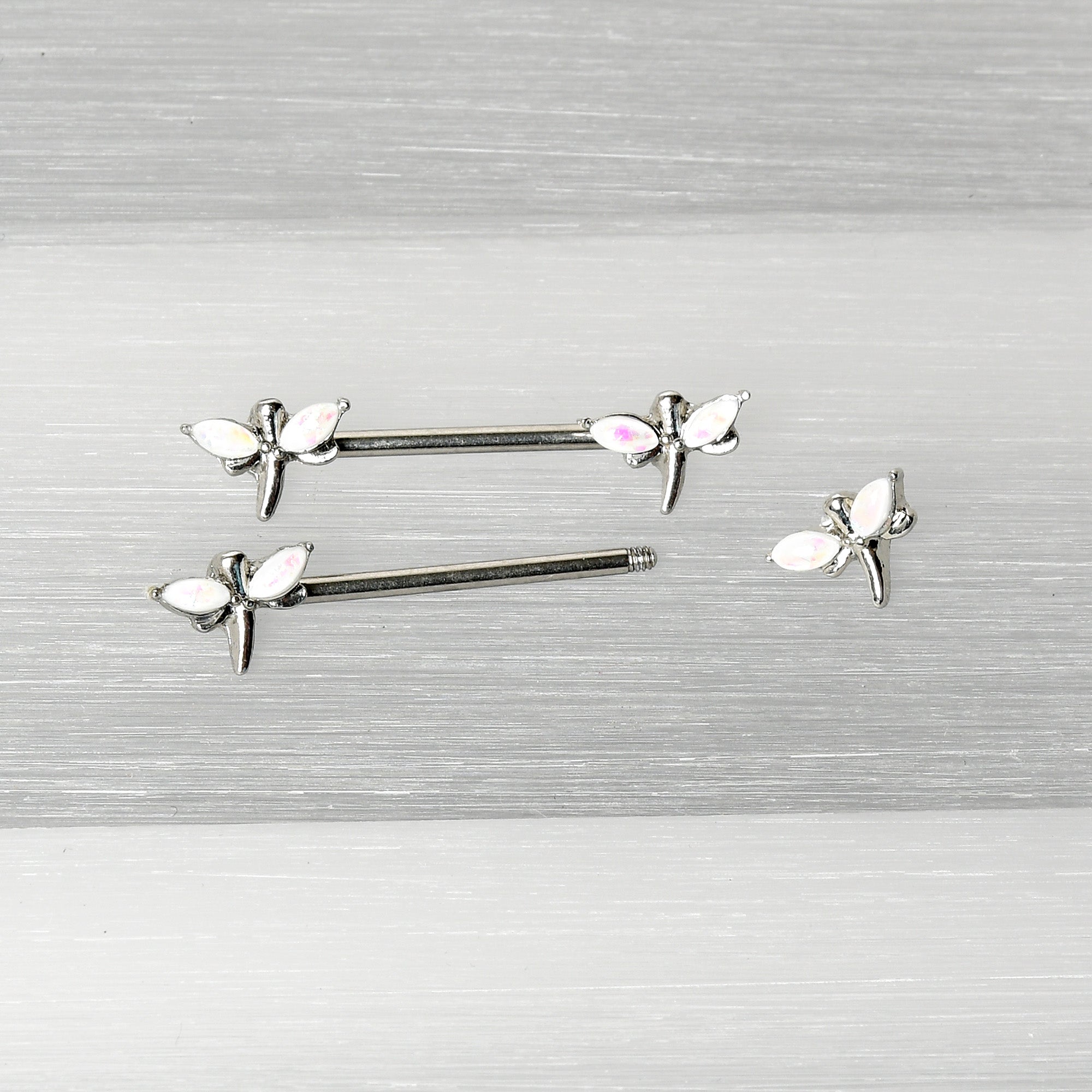 BodyCandy 14G 5/8 White Faux Opal Styled Dragonfly Barbell Nipple Ring Set — alternative angle