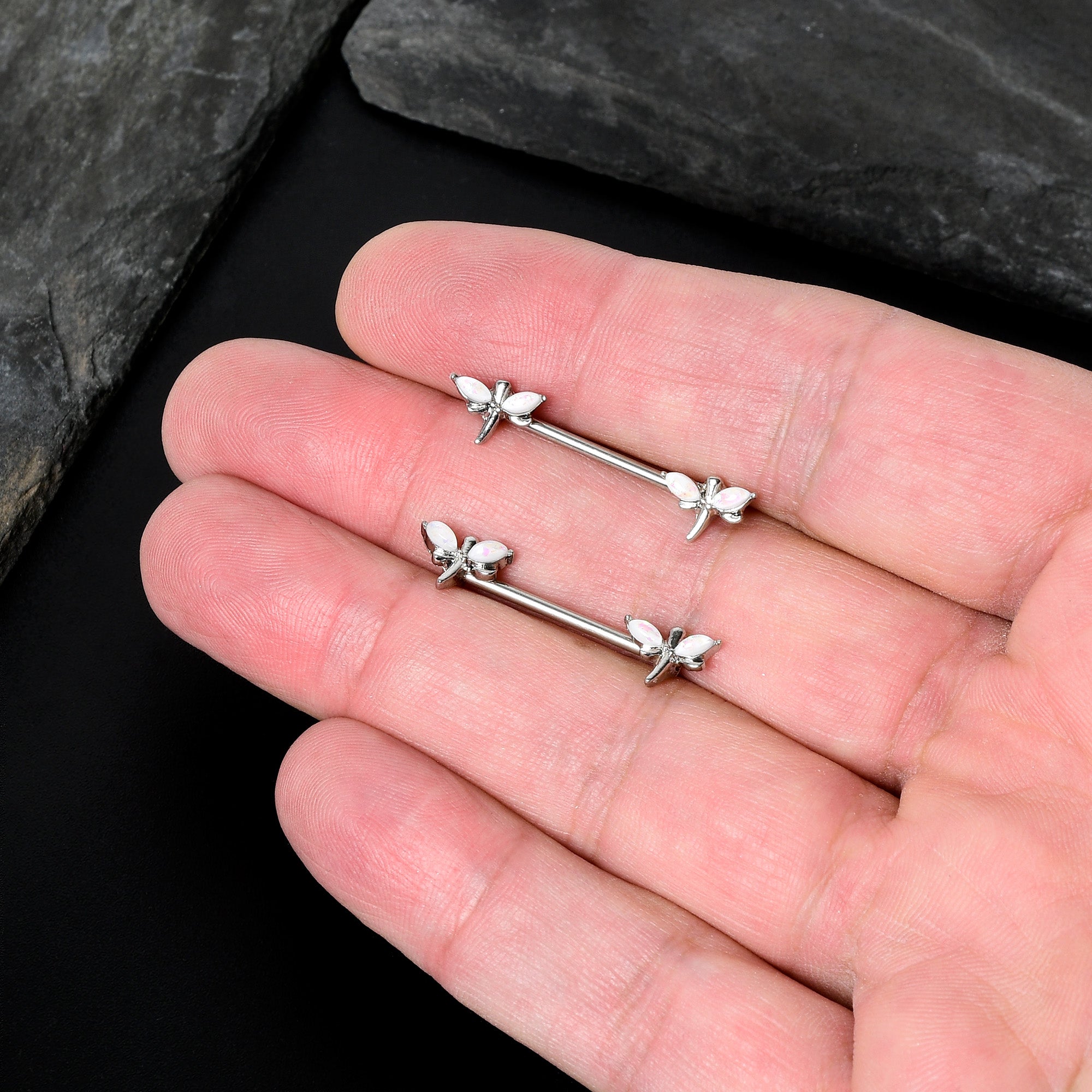 BodyCandy 14G 5/8 White Faux Opal Styled Dragonfly Barbell Nipple Ring Set — in-use photo