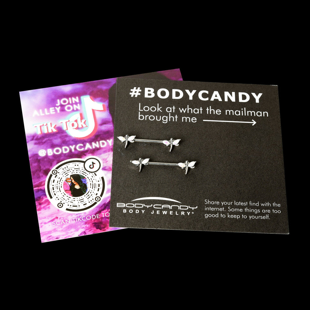 BodyCandy 14G 5/8 White Faux Opal Styled Dragonfly Barbell Nipple Ring Set — size reference
