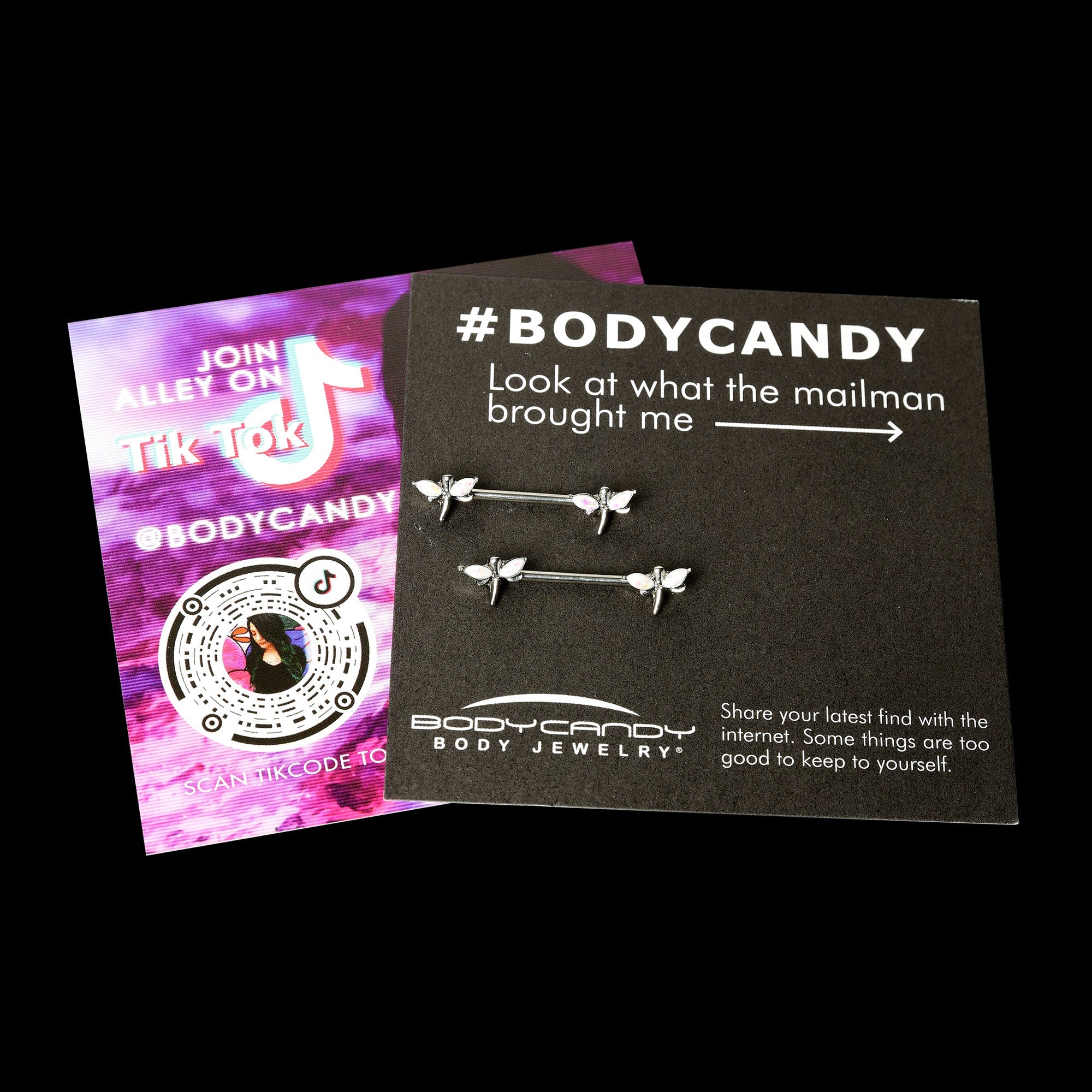 BodyCandy 14G 5/8 White Faux Opal Styled Dragonfly Barbell Nipple Ring Set — size reference