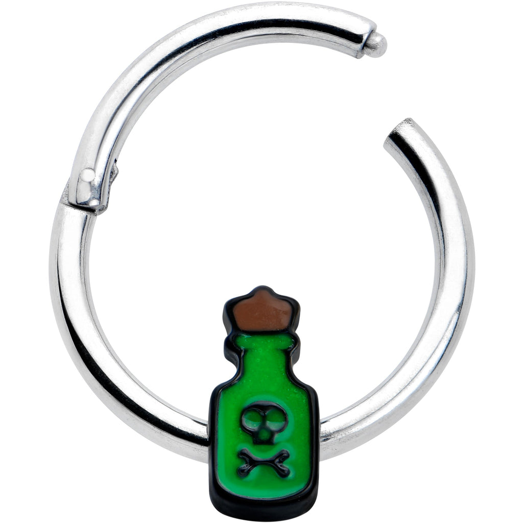 BodyCandy 16G 3/8 Poison Green Bottle Glow in the Dark Hinged Segment Ring — detail close-up