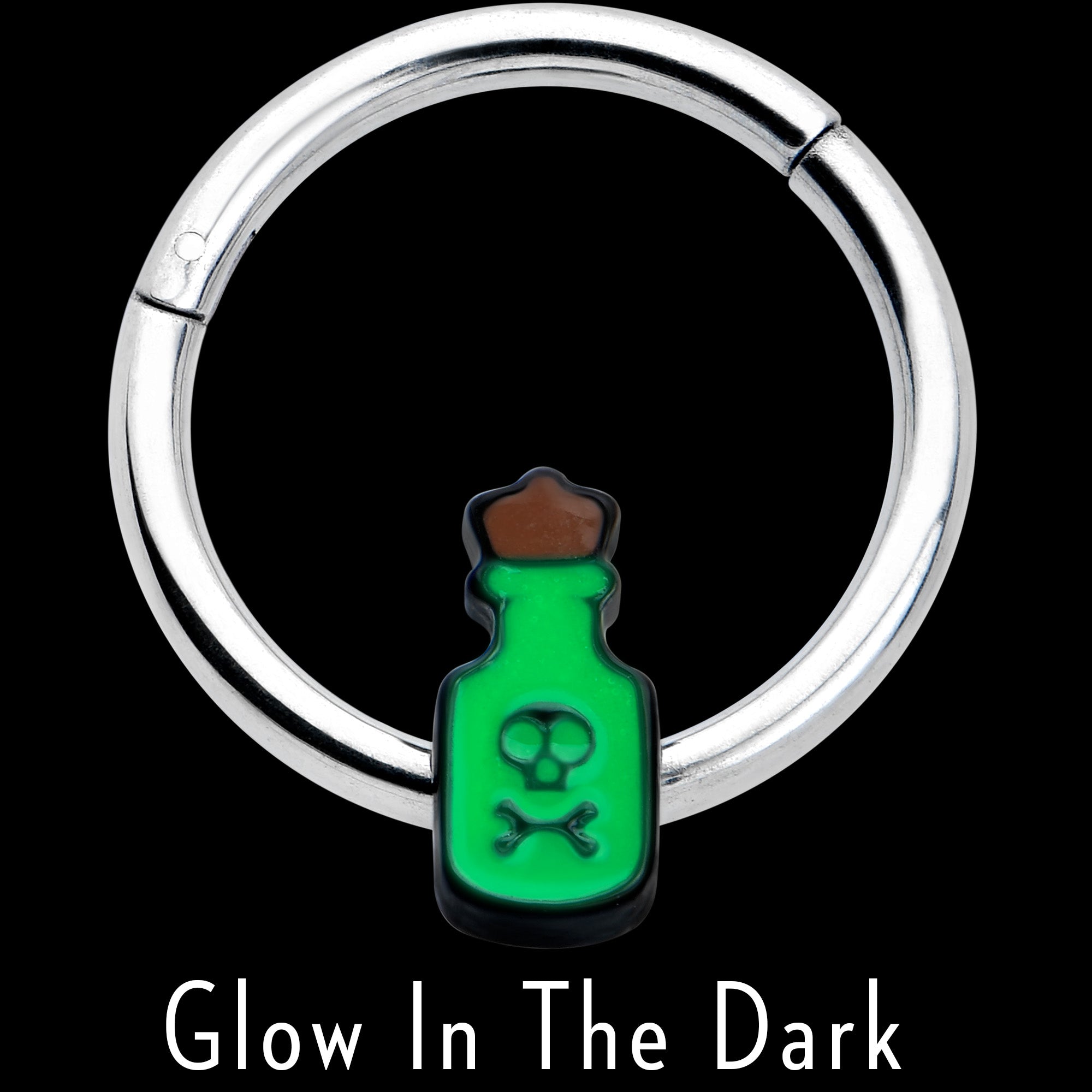 BodyCandy 16G 3/8 Poison Green Bottle Glow in the Dark Hinged Segment Ring — lifestyle context