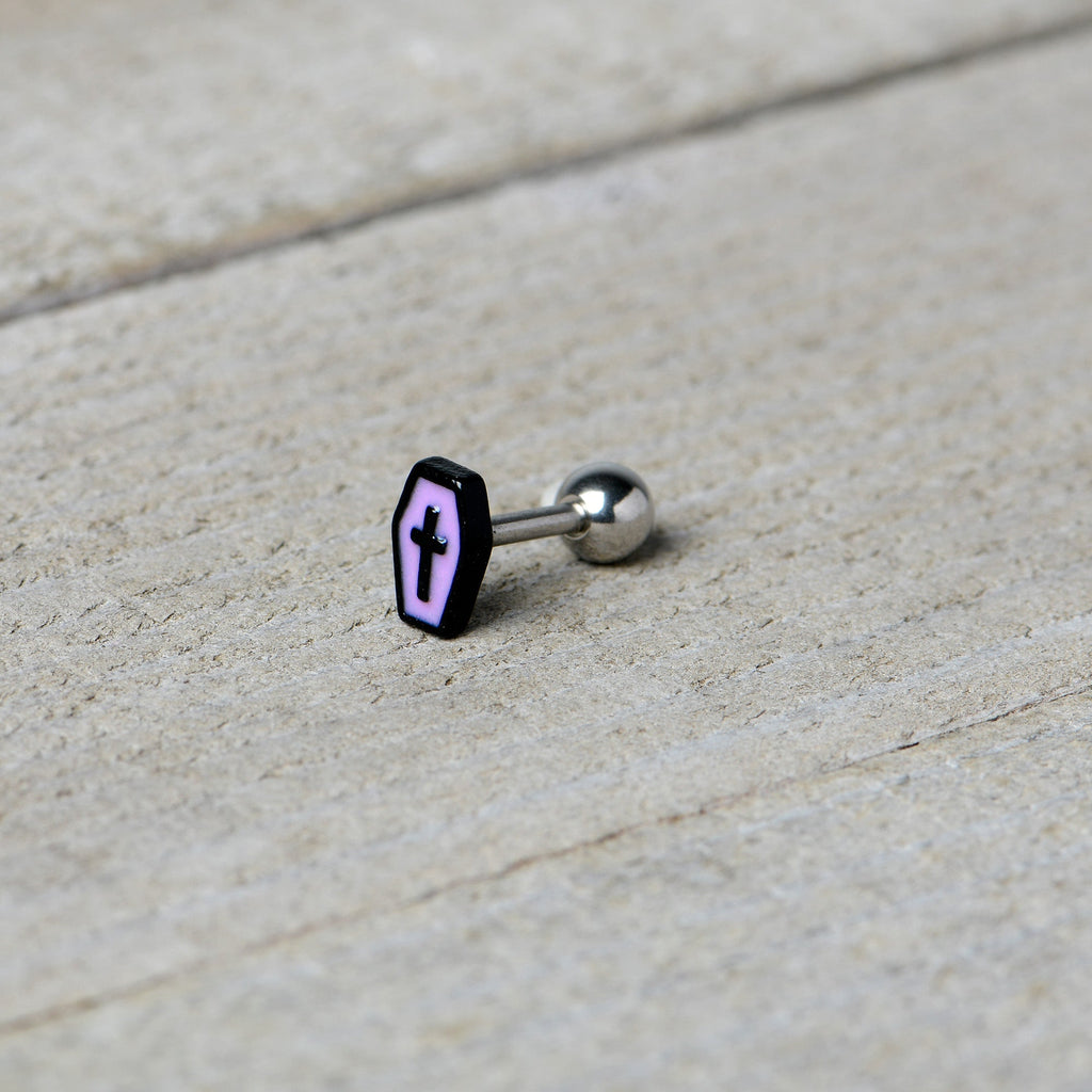 BodyCandy 16G 1/4 Creepy Coffin Lt Purple Glow in Dark Cartilage Earring — in-use photo