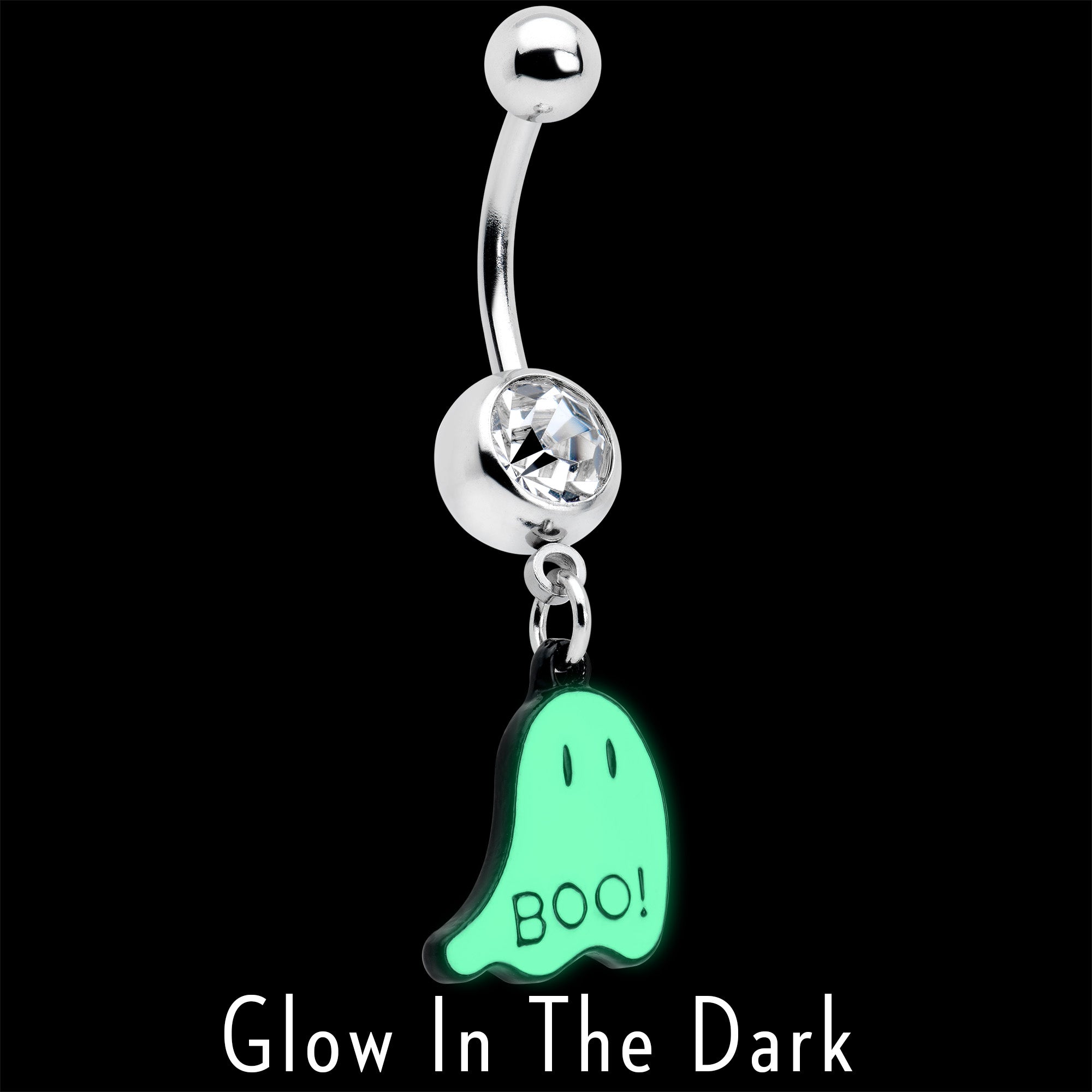 BodyCandy Clear Gem White Ghost Glow in the Dark Halloween Dangle Belly Ring — detail close-up