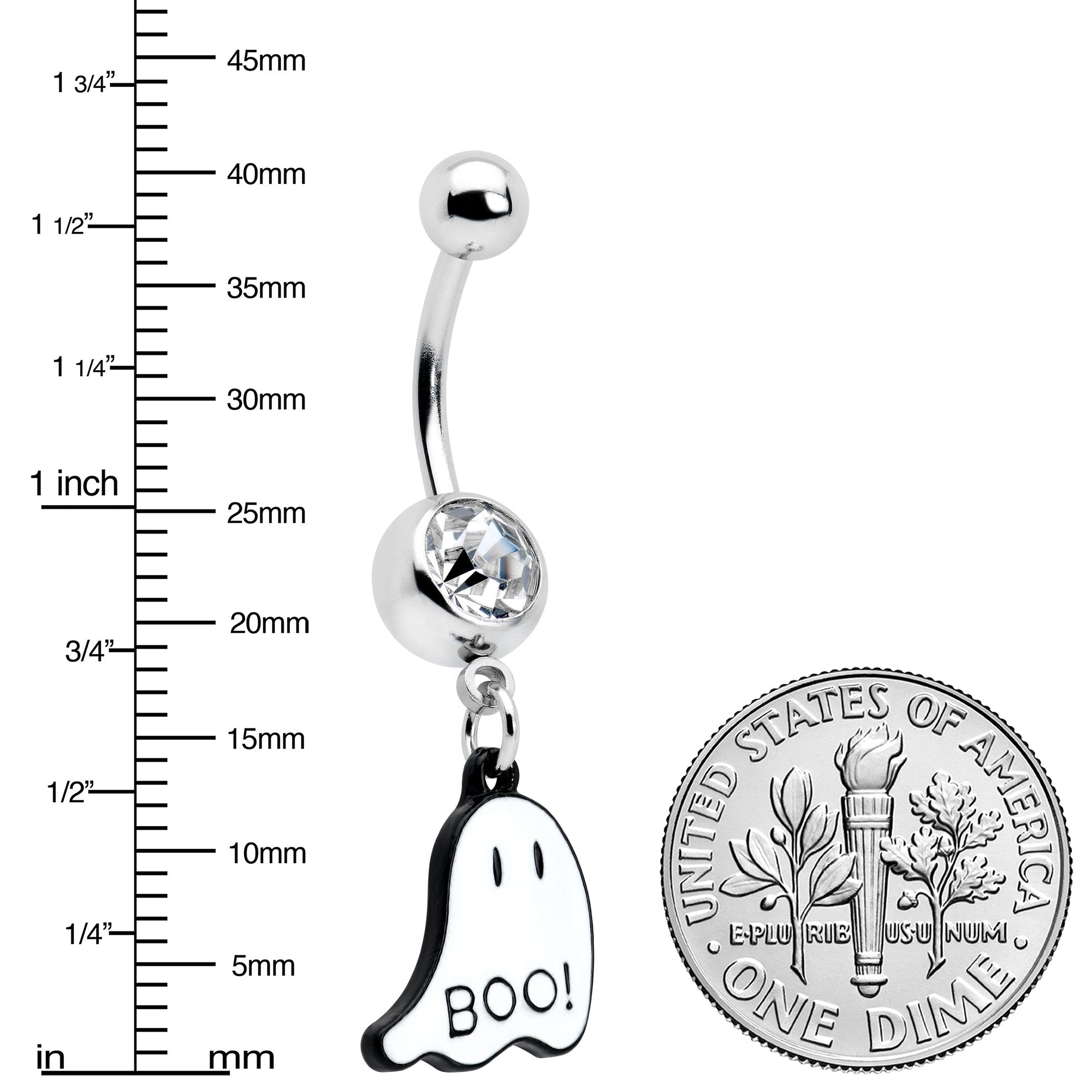 BodyCandy Clear Gem White Ghost Glow in the Dark Halloween Dangle Belly Ring — side view