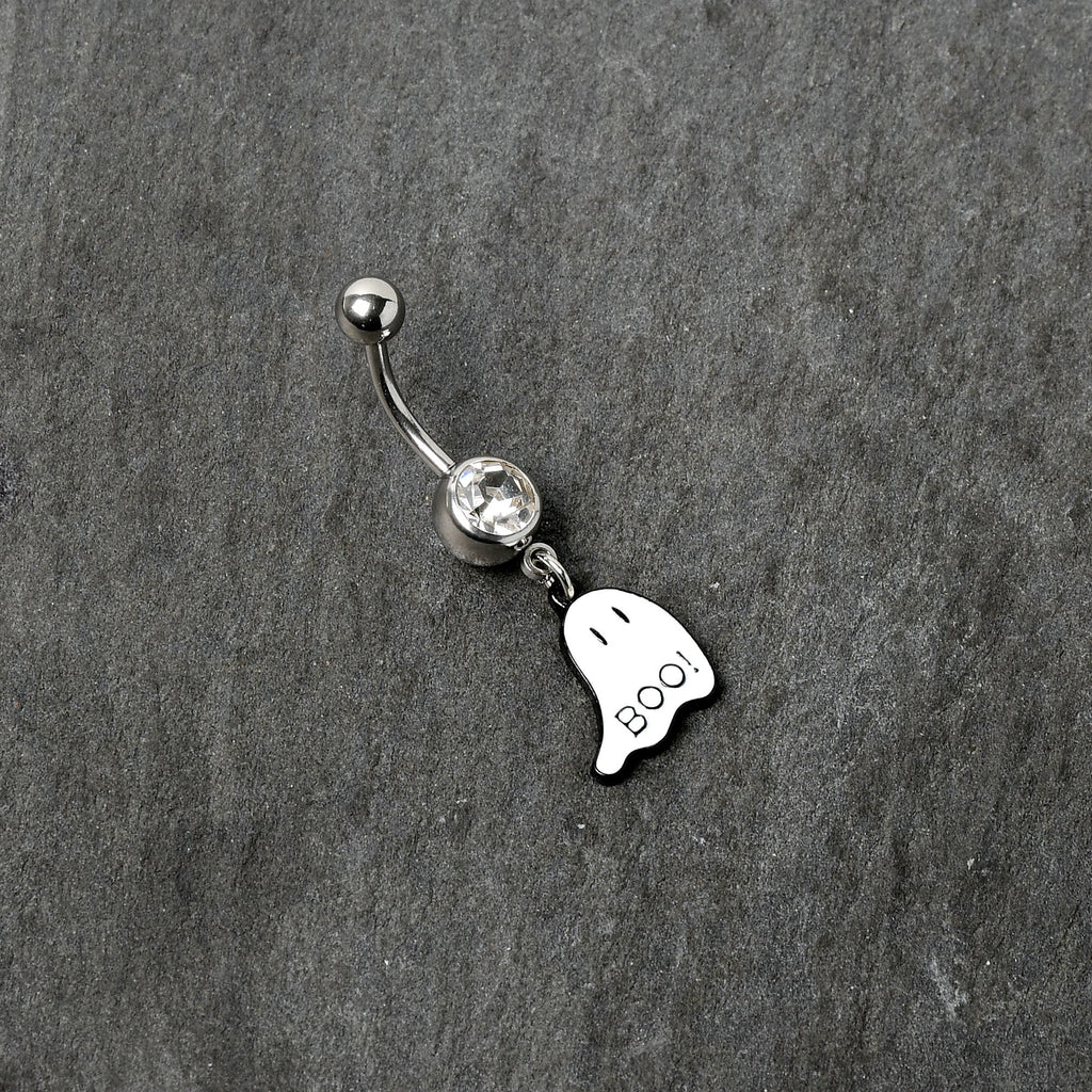 BodyCandy Clear Gem White Ghost Glow in the Dark Halloween Dangle Belly Ring — back view