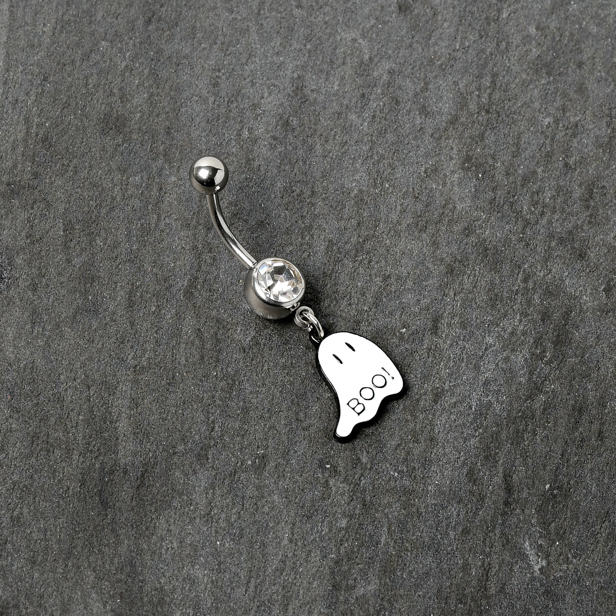 BodyCandy Clear Gem White Ghost Glow in the Dark Halloween Dangle Belly Ring — back view