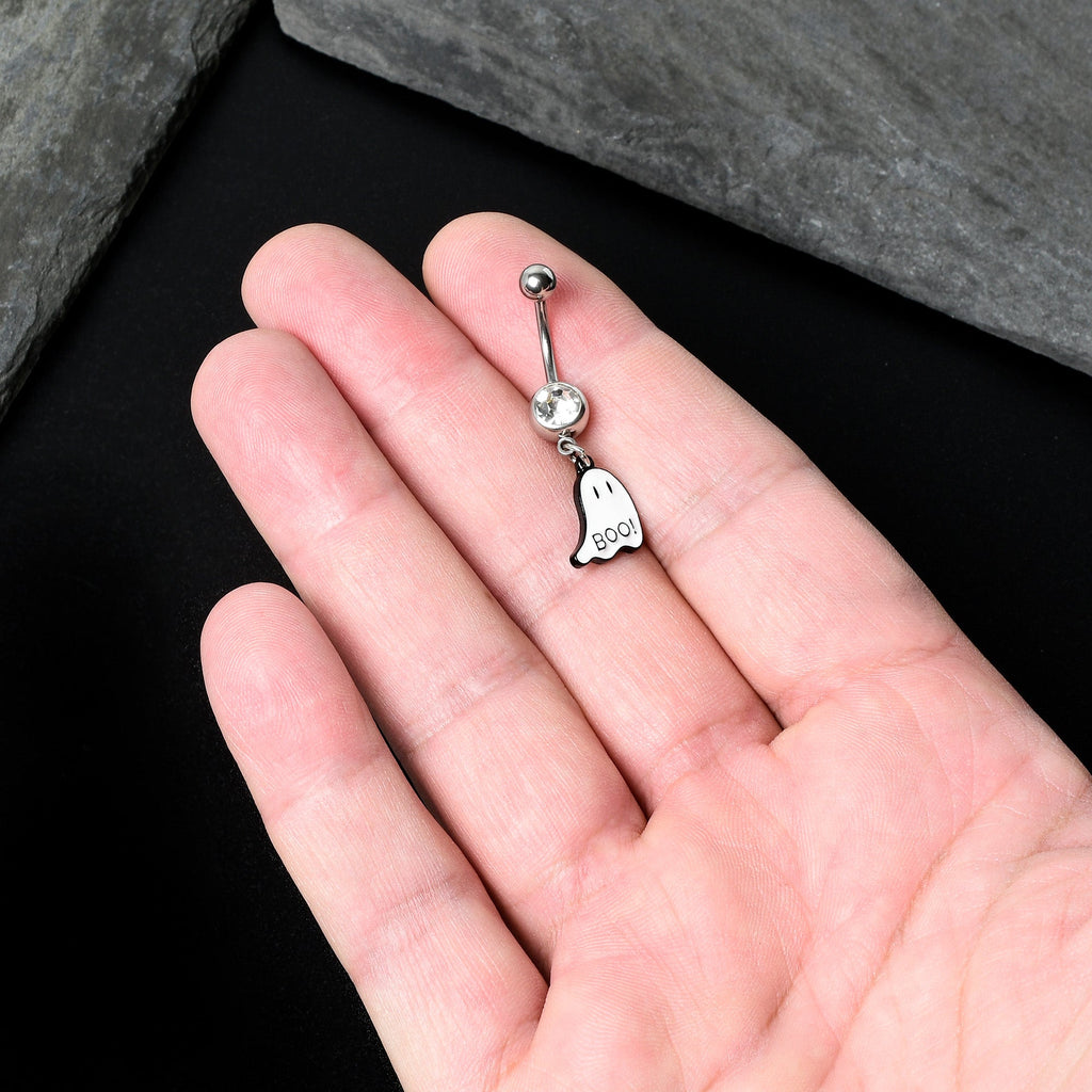 BodyCandy Clear Gem White Ghost Glow in the Dark Halloween Dangle Belly Ring — in-use photo