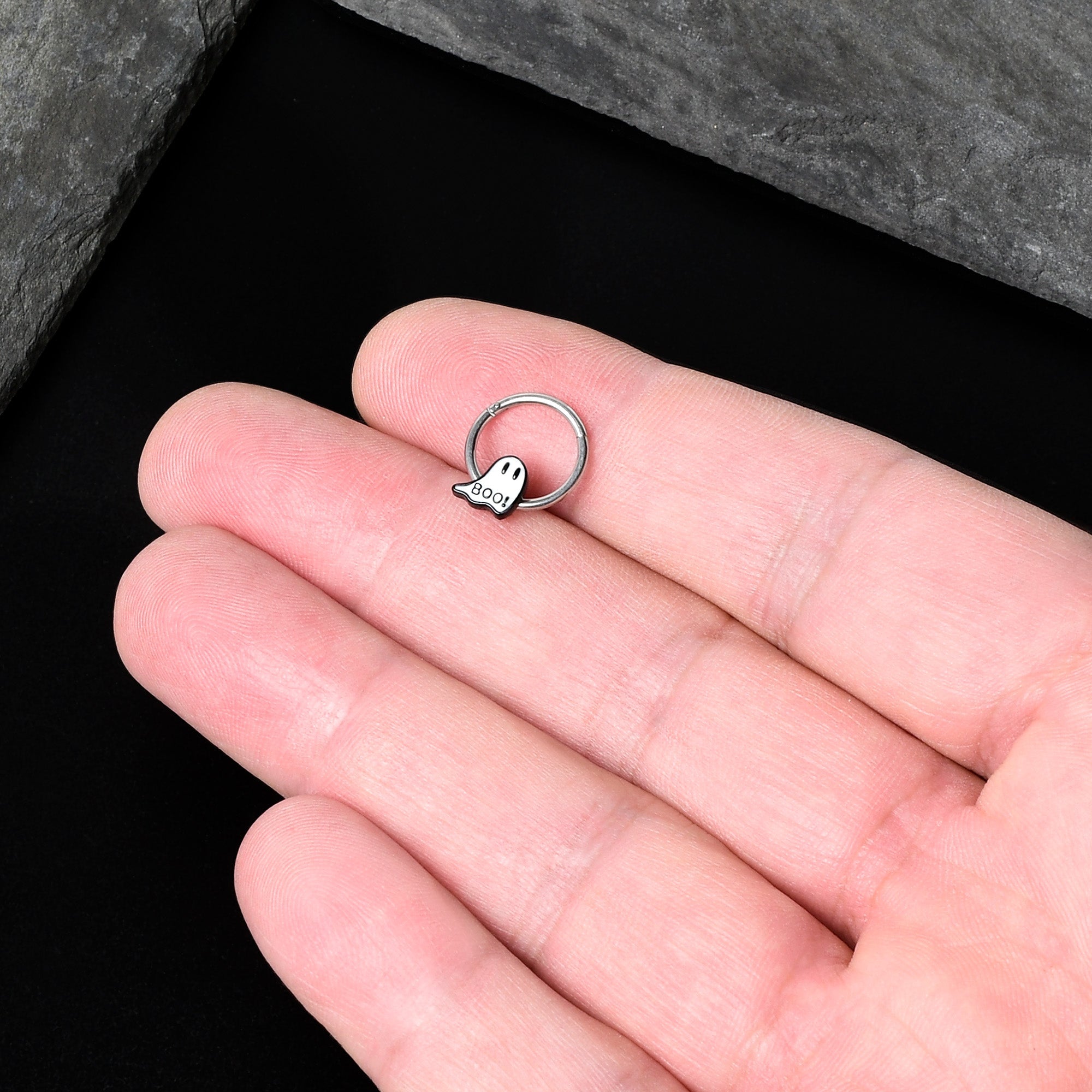 BodyCandy 16G 3/8 White Ghost Glow in the Dark Halloween Hinged Segment Ring — in-use photo