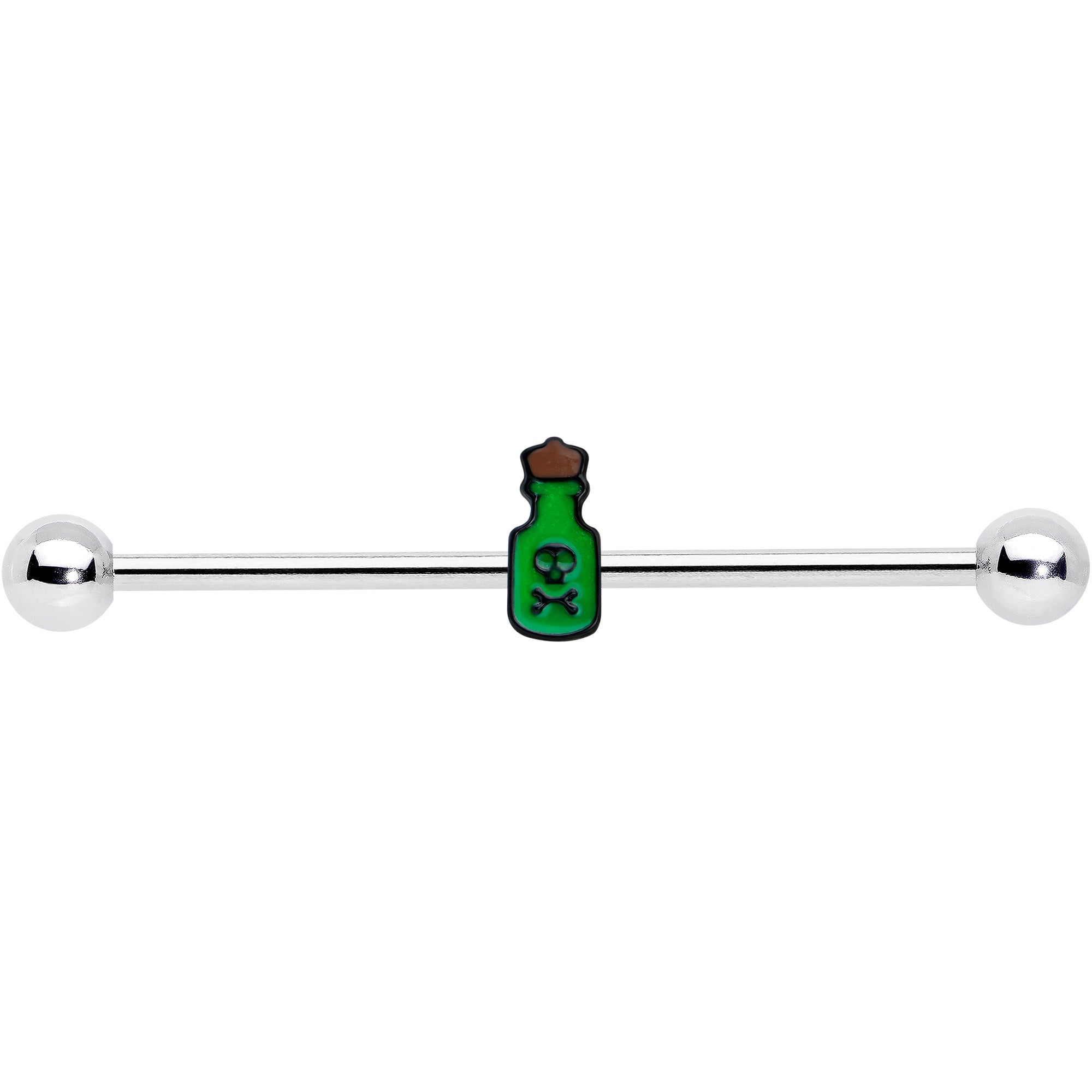 BodyCandy 14G Poison Green Bottle Glow in the Dark Industrial Barbell 38mm — detail close-up