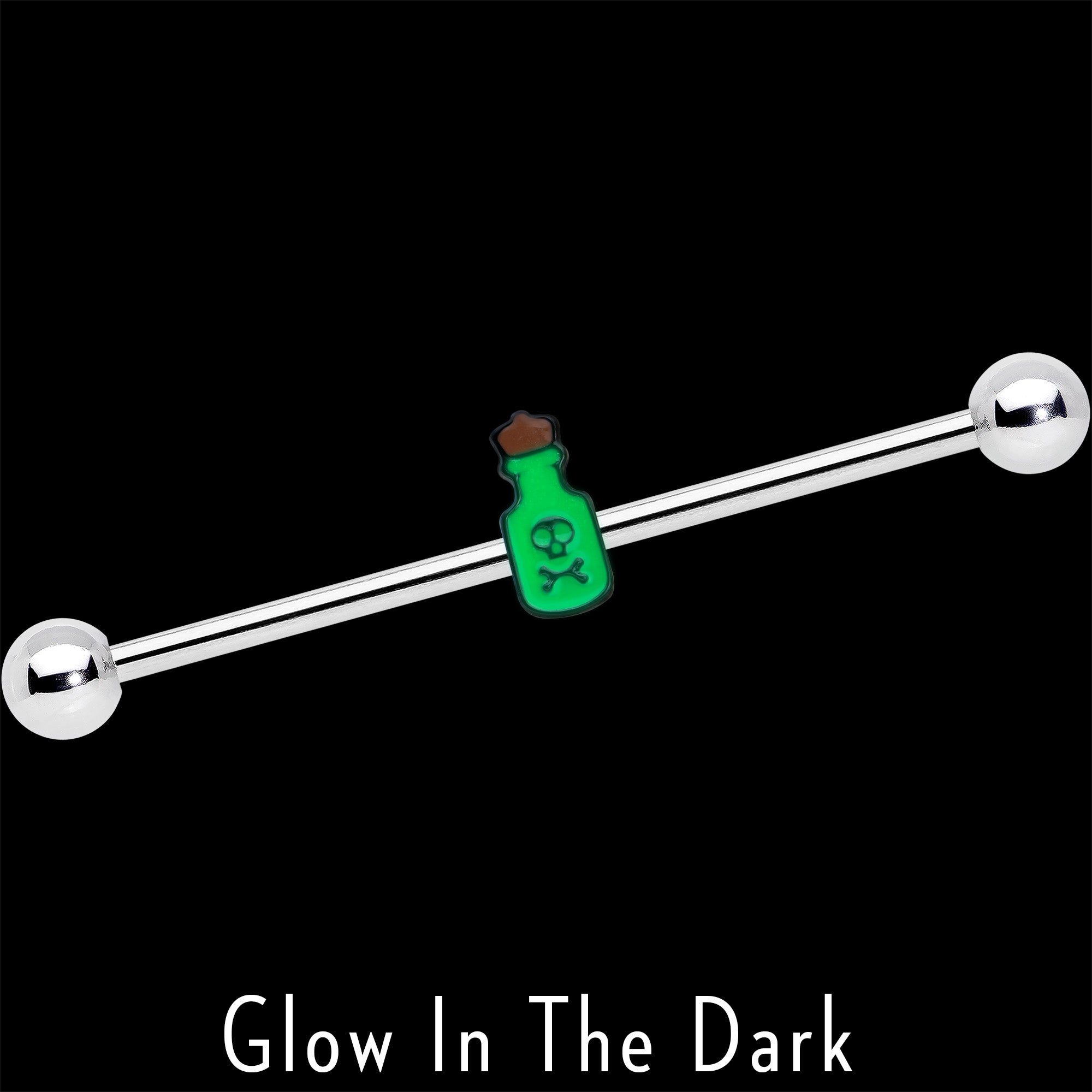 BodyCandy 14G Poison Green Bottle Glow in the Dark Industrial Barbell 38mm — lifestyle context