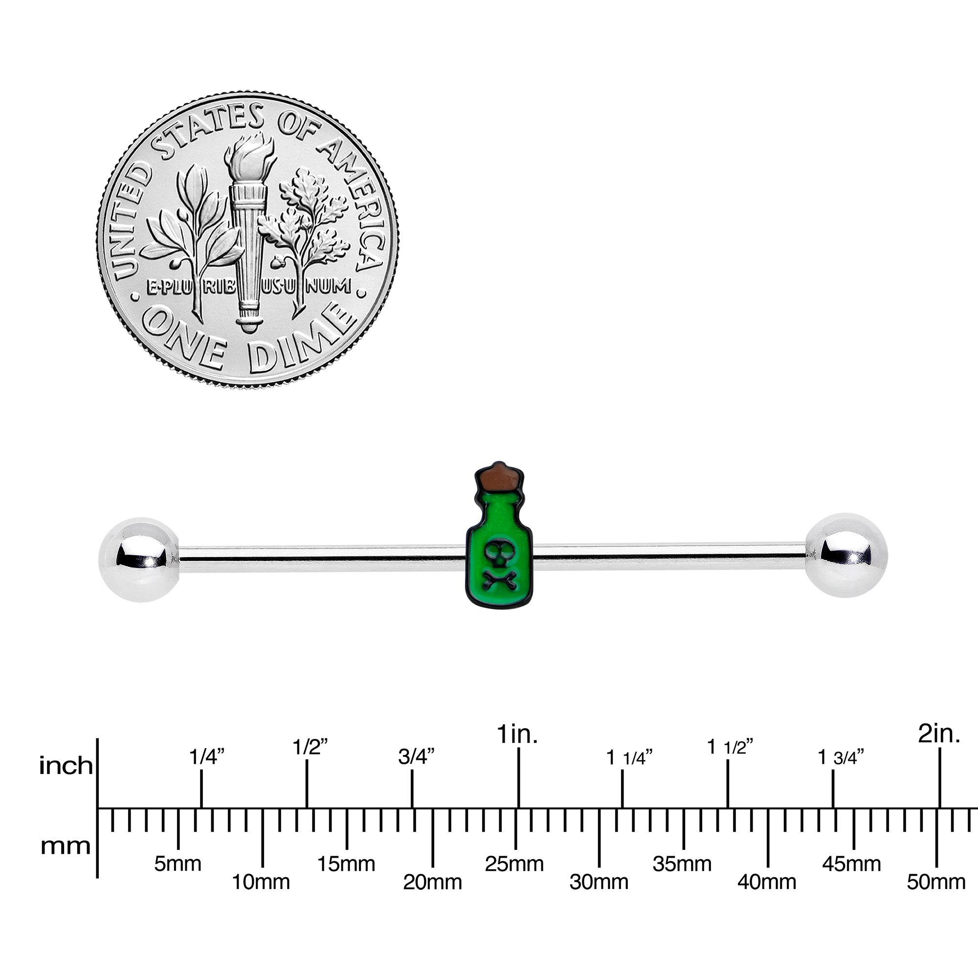 BodyCandy 14G Poison Green Bottle Glow in the Dark Industrial Barbell 38mm — side view
