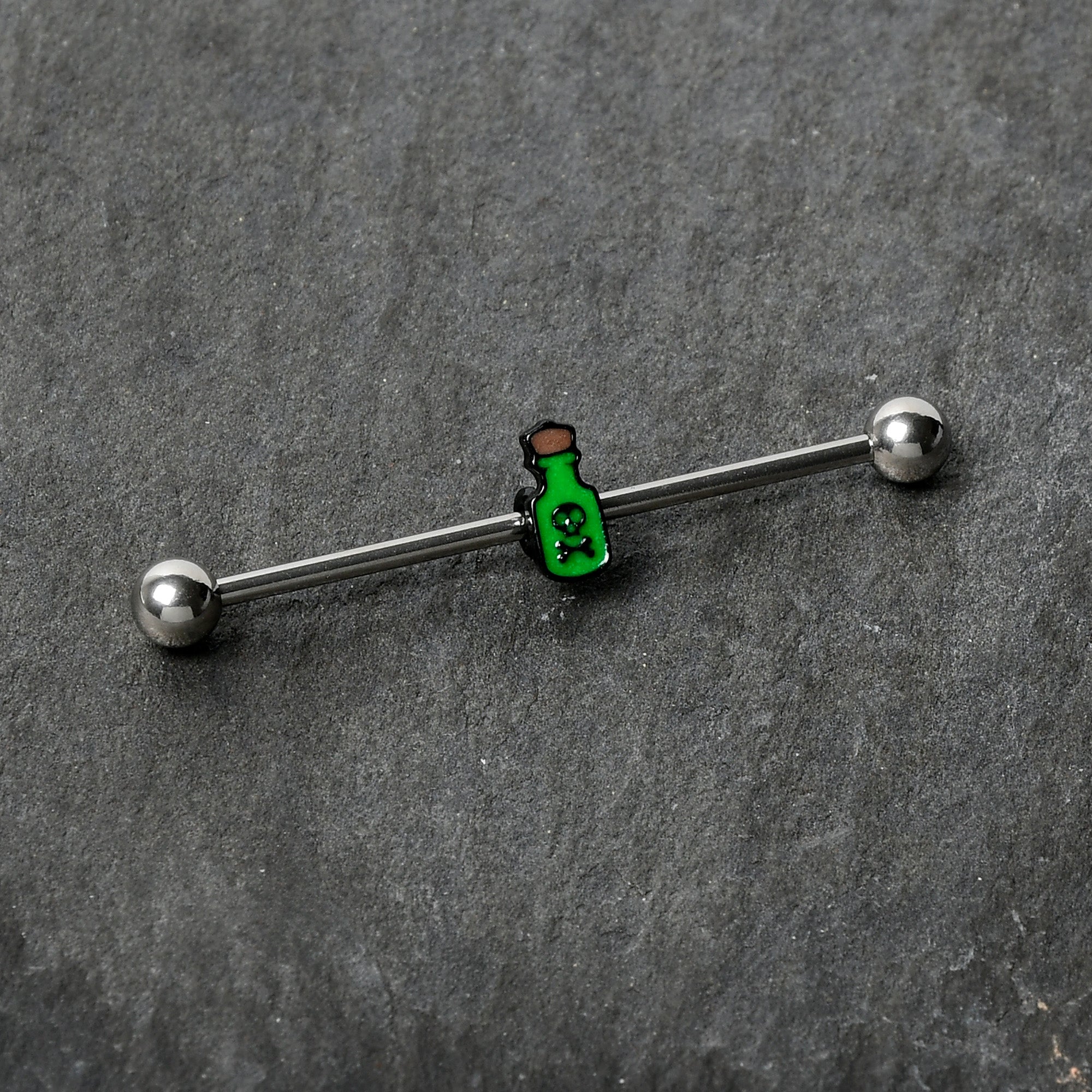 BodyCandy 14G Poison Green Bottle Glow in the Dark Industrial Barbell 38mm — back view