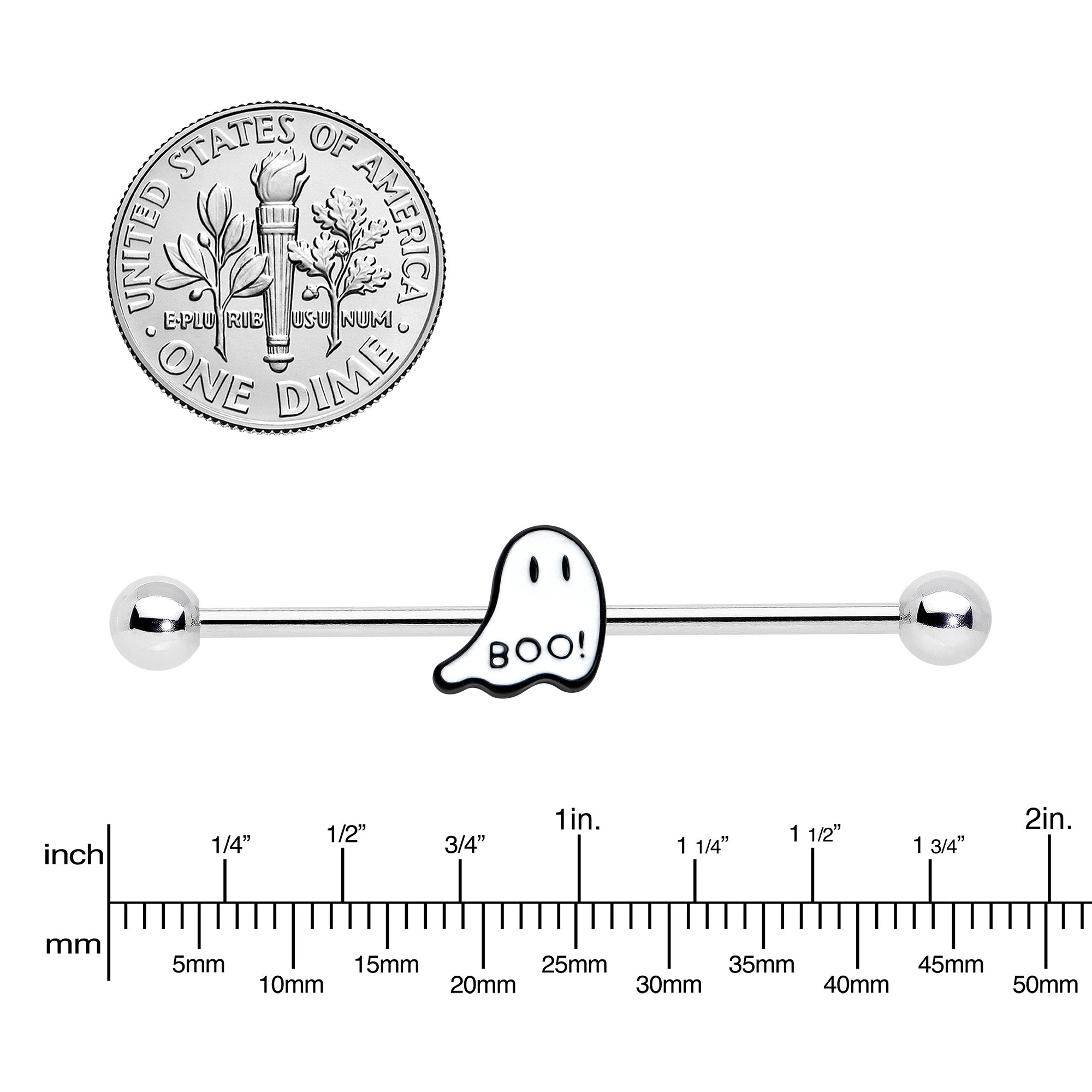 BodyCandy 14G Halloween White Ghost Glow in the Dark Industrial Barbell 38mm — side view