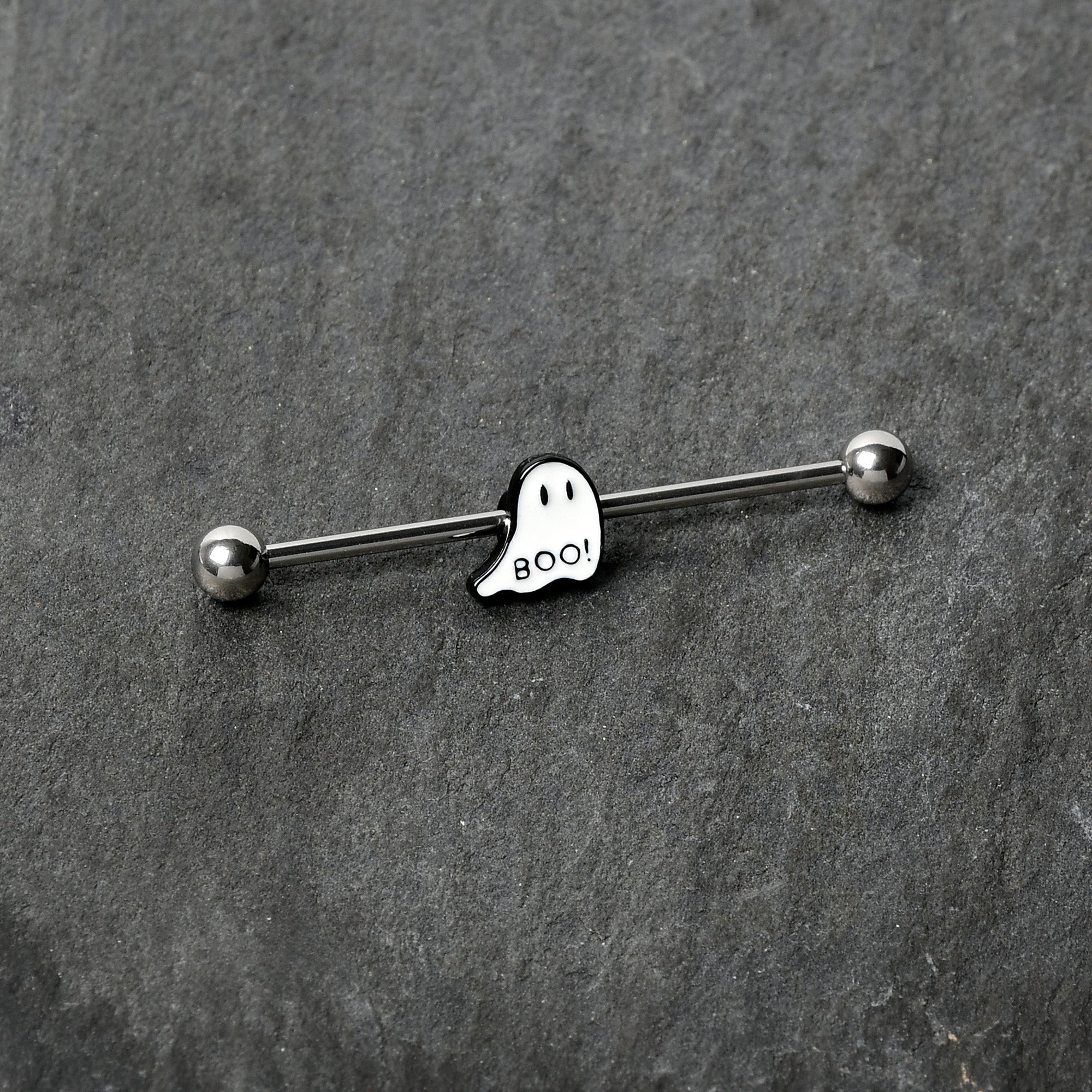 BodyCandy 14G Halloween White Ghost Glow in the Dark Industrial Barbell 38mm — back view