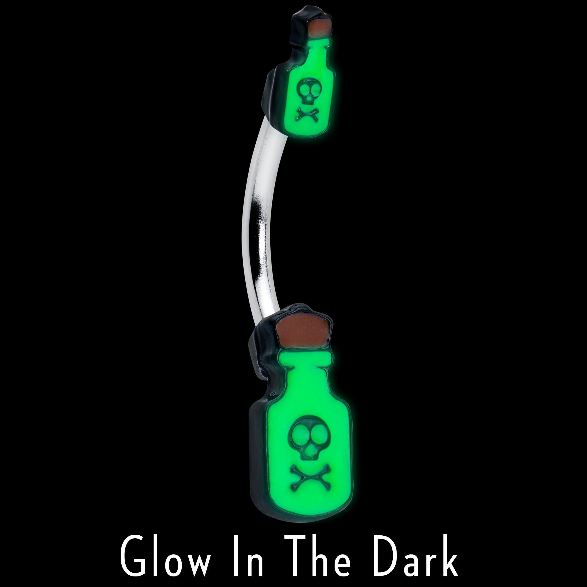 BodyCandy Halloween Green Poison Bottle Glow in the Dark Double Mount Belly Ring — detail close-up