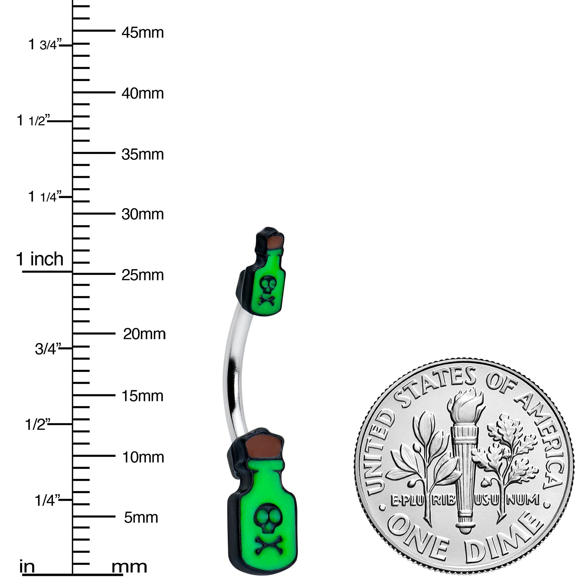 BodyCandy Halloween Green Poison Bottle Glow in the Dark Double Mount Belly Ring — side view