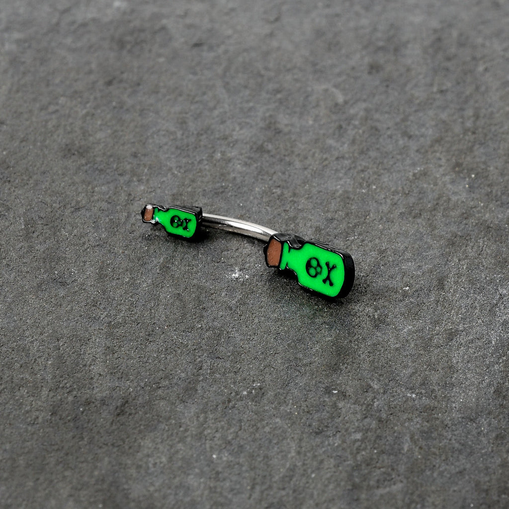 BodyCandy Halloween Green Poison Bottle Glow in the Dark Double Mount Belly Ring — back view