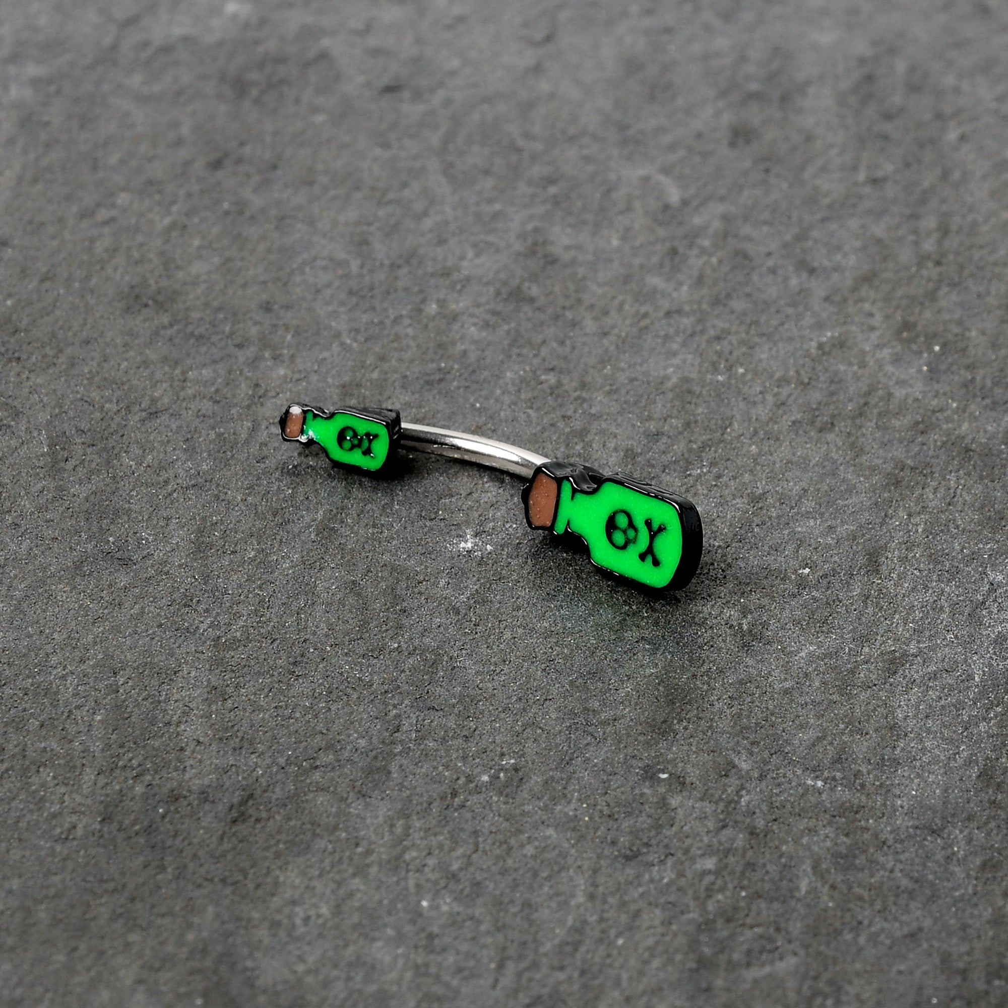 BodyCandy Halloween Green Poison Bottle Glow in the Dark Double Mount Belly Ring — back view