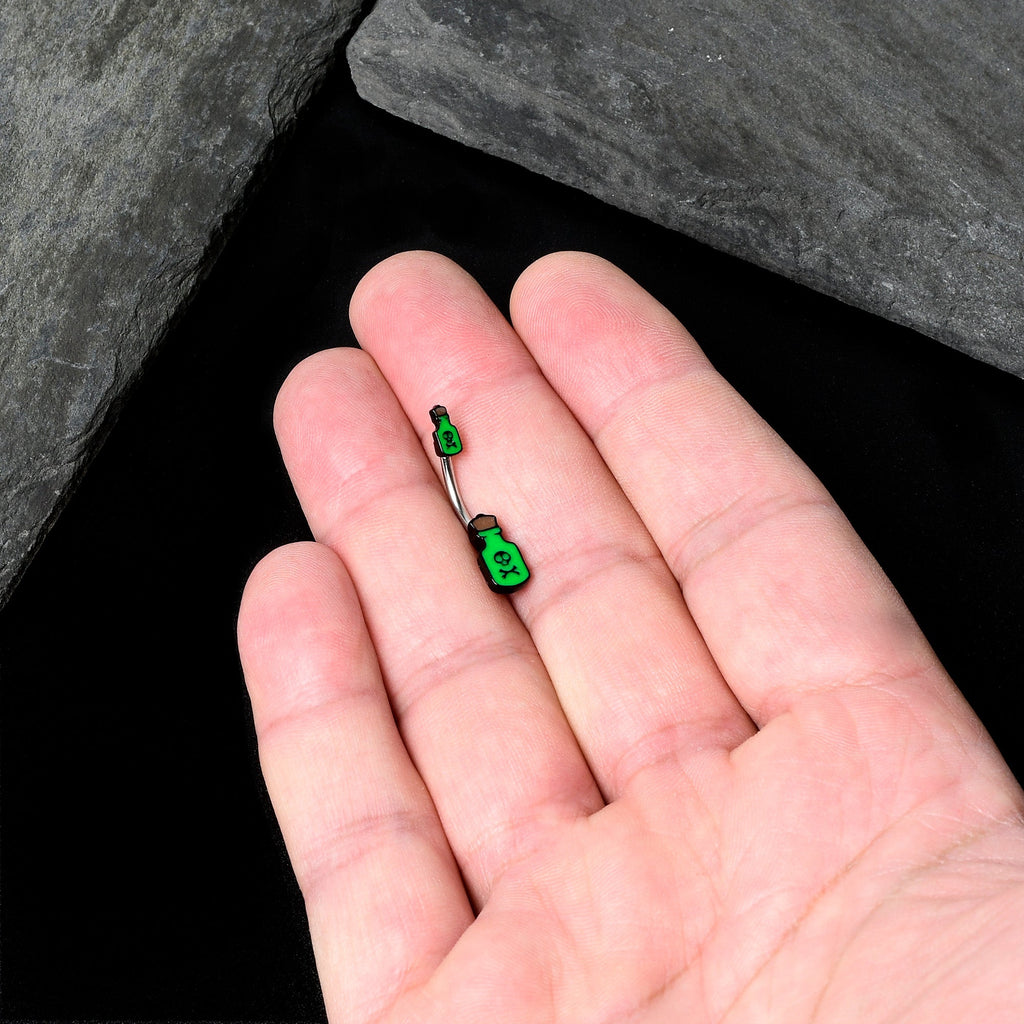 BodyCandy Halloween Green Poison Bottle Glow in the Dark Double Mount Belly Ring — in-use photo