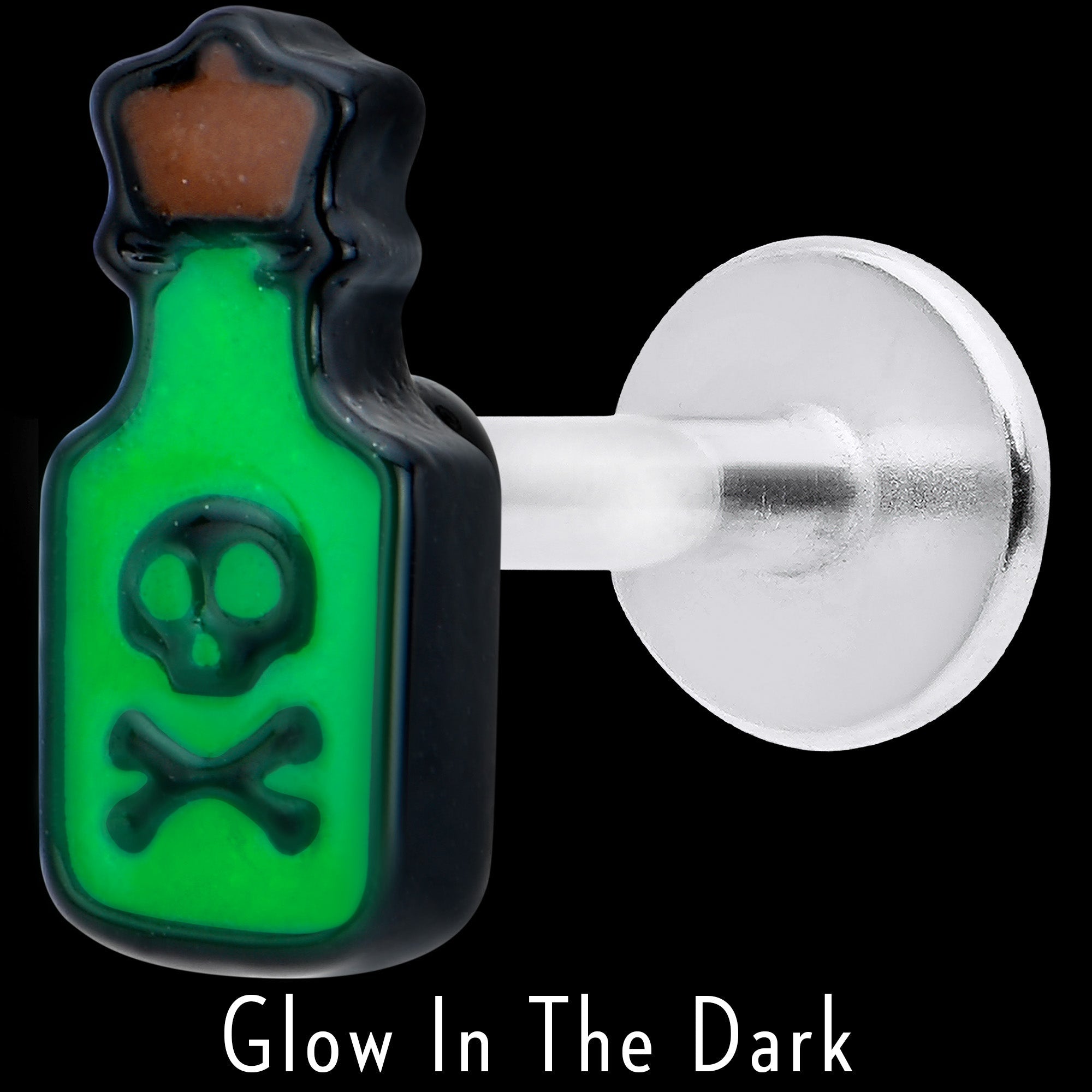 BodyCandy 16G 5/16 Poison Green Bottle Glow in the Dark Labret Monroe Tragus — side view