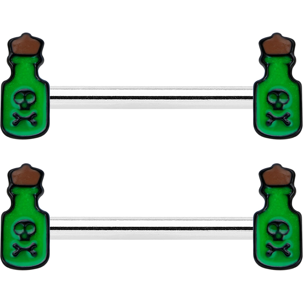 BodyCandy 14G 9/16 Poison Green Bottle Glow in Dark Barbell Nipple Ring Set — detail close-up