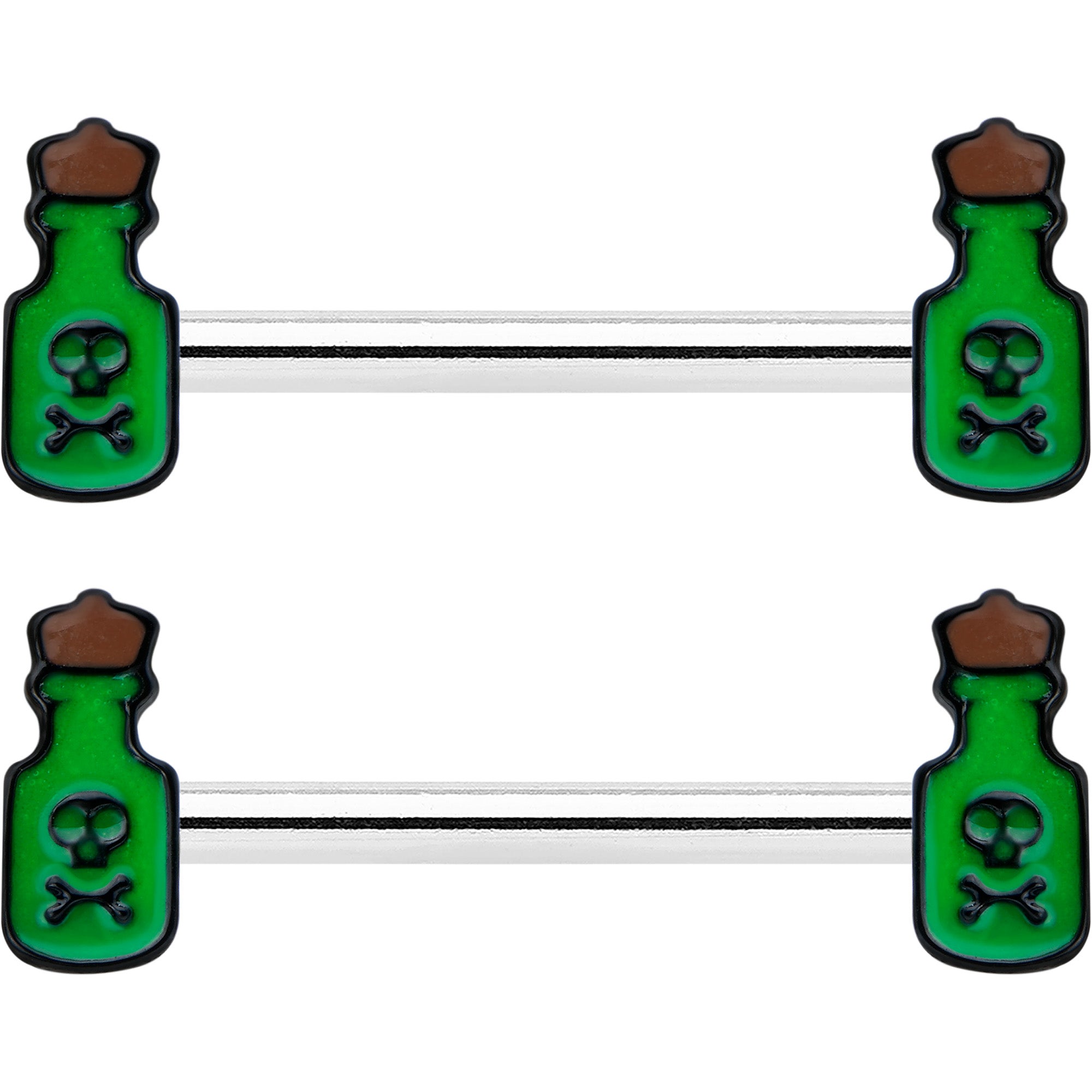 BodyCandy 14G 9/16 Poison Green Bottle Glow in Dark Barbell Nipple Ring Set — detail close-up