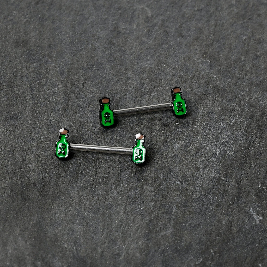 BodyCandy 14G 9/16 Poison Green Bottle Glow in Dark Barbell Nipple Ring Set — back view