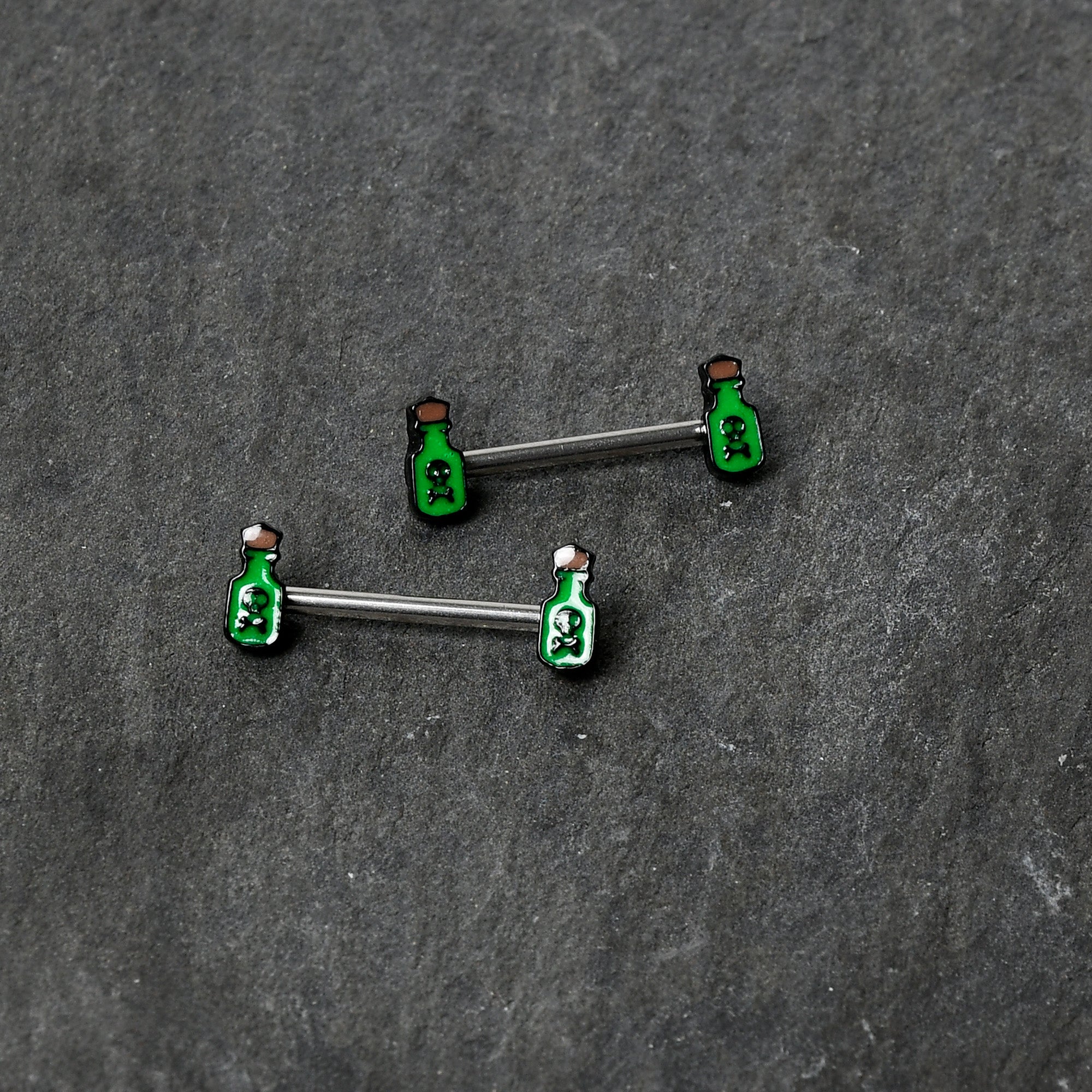 BodyCandy 14G 9/16 Poison Green Bottle Glow in Dark Barbell Nipple Ring Set — back view