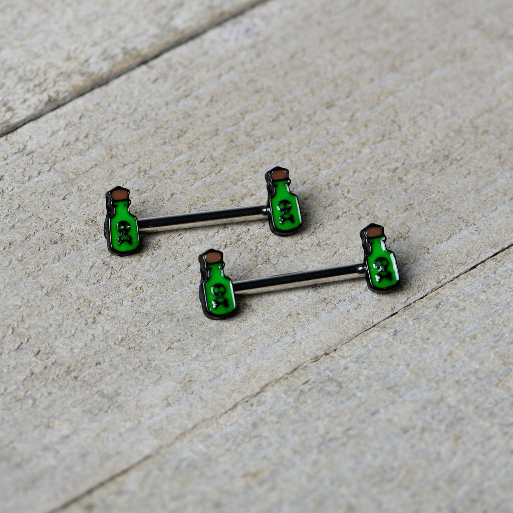 BodyCandy 14G 9/16 Poison Green Bottle Glow in Dark Barbell Nipple Ring Set — alternative angle