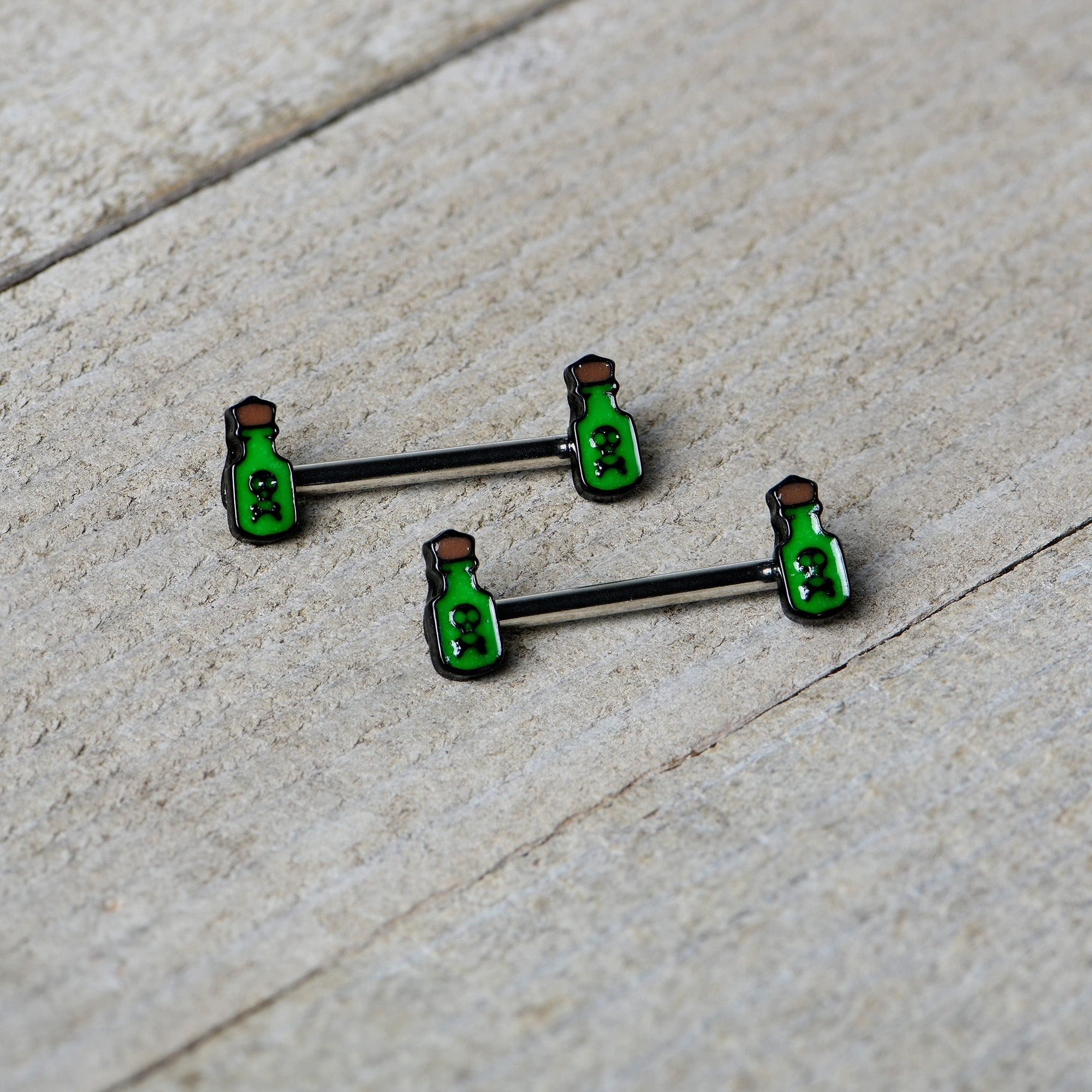 BodyCandy 14G 9/16 Poison Green Bottle Glow in Dark Barbell Nipple Ring Set — alternative angle
