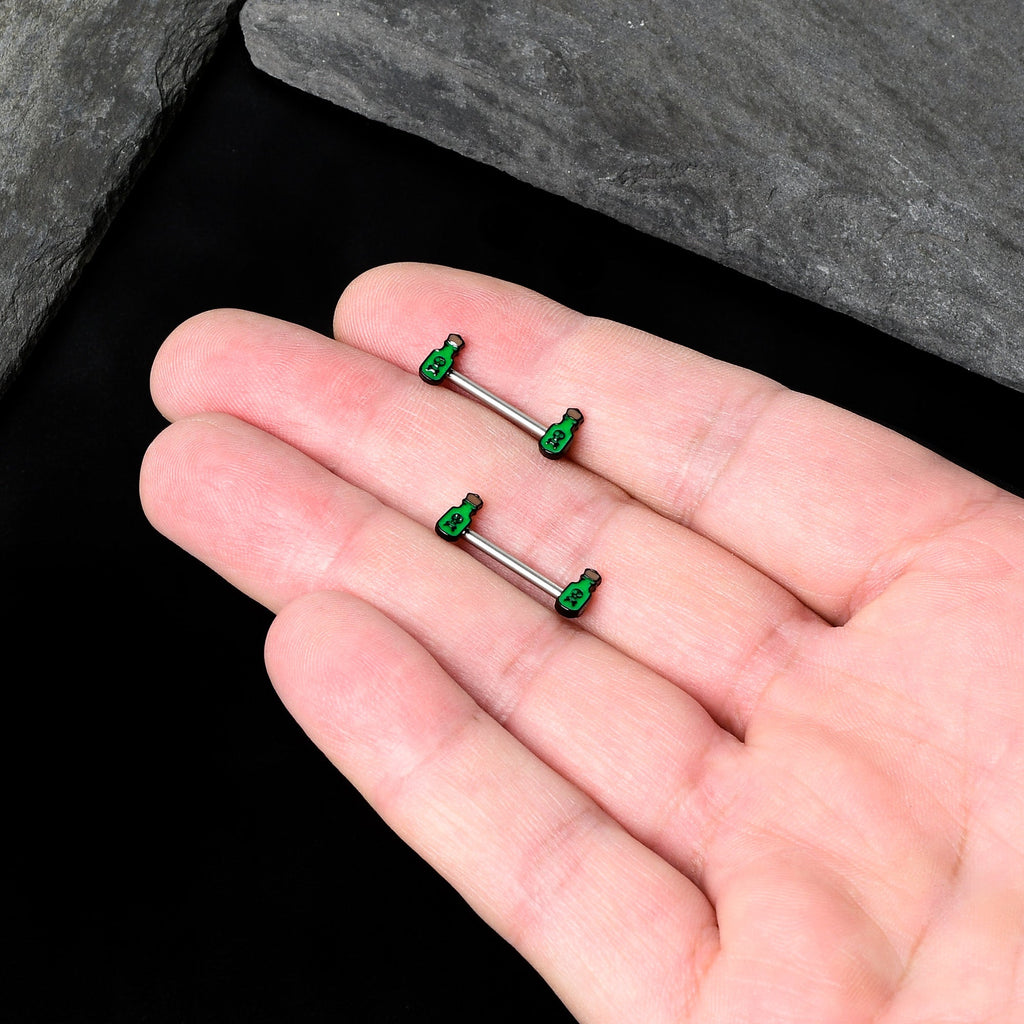BodyCandy 14G 9/16 Poison Green Bottle Glow in Dark Barbell Nipple Ring Set — in-use photo