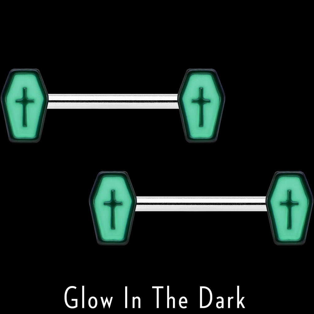 BodyCandy 14G 9/16 Creepy Coffin Lt Purple Glow in the Dark Nipple Ring Set — lifestyle context